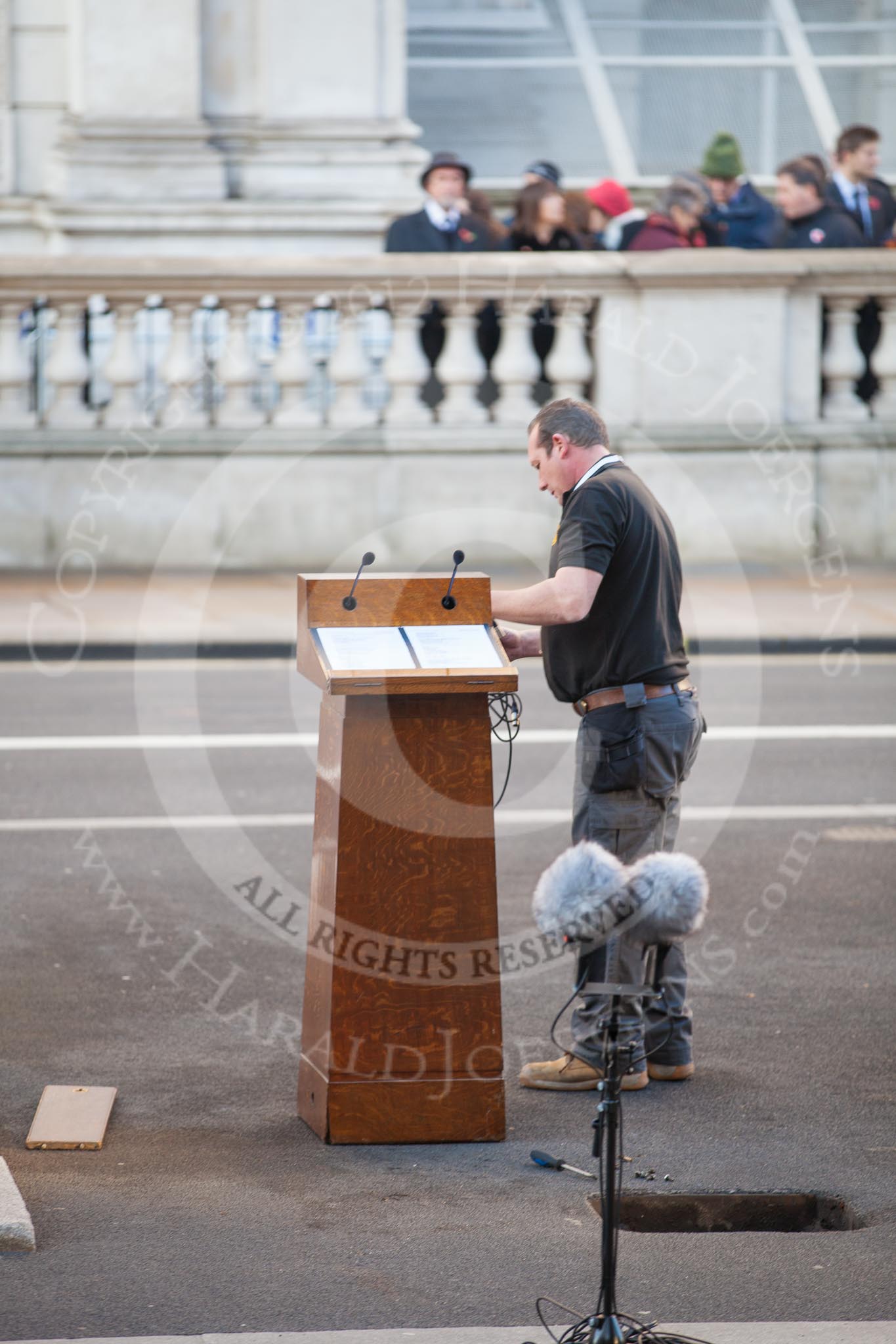 Preparations for Remembrance Sunday on Whitehall - the pulpit used for the service later is set up and wired.