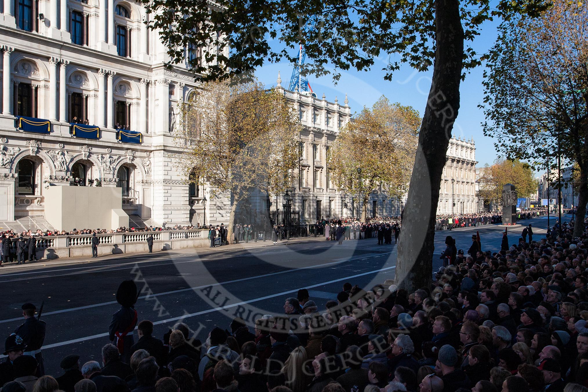 View towards the eastern side of Whitehall. The column of ex-Servicemen and women is in position on the right, close to the entrance of Downing Street.