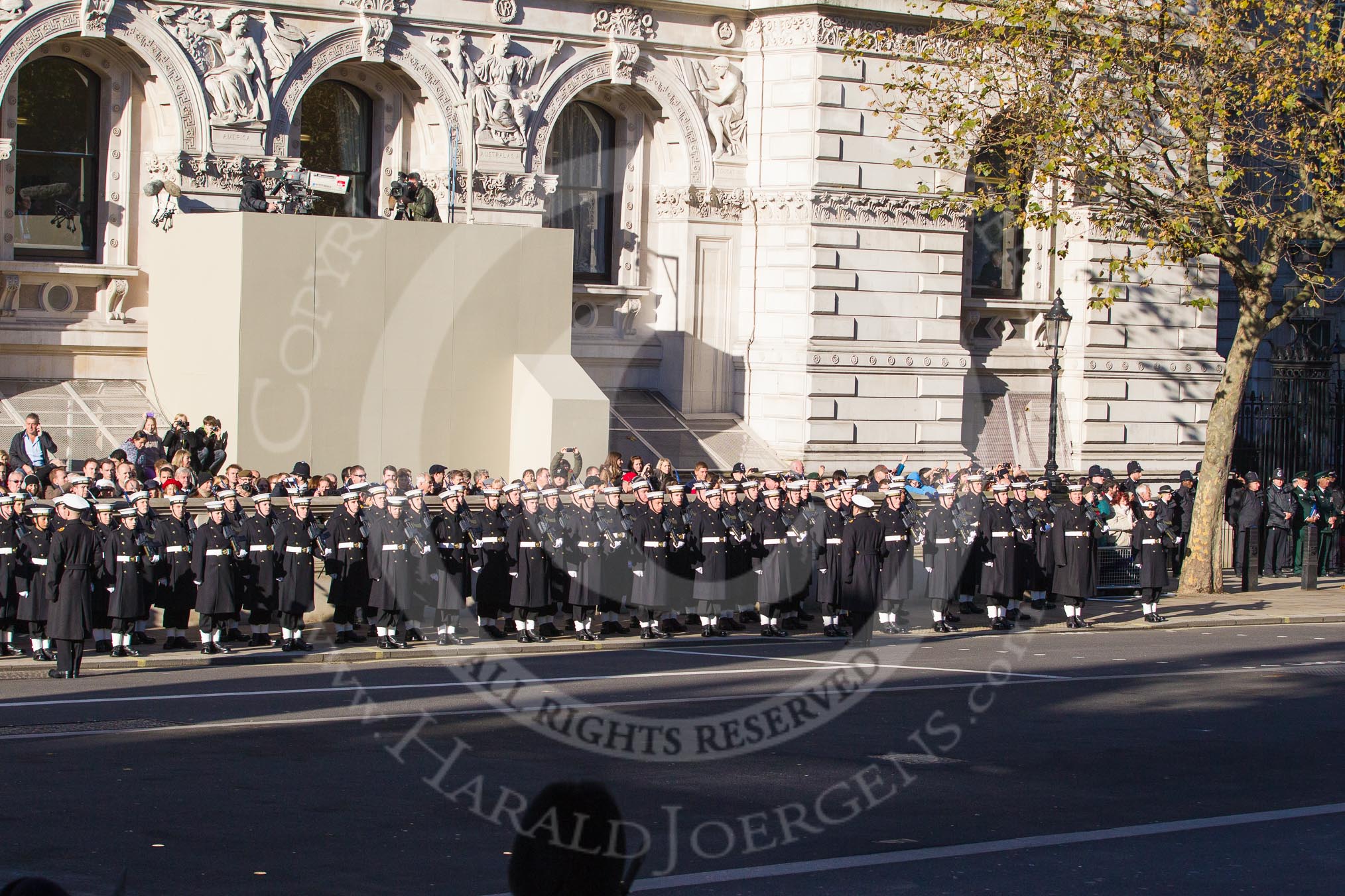 The Royal Navy detachment in position on the northern side of Whitehall, between the Cenotaph and Downing Street.