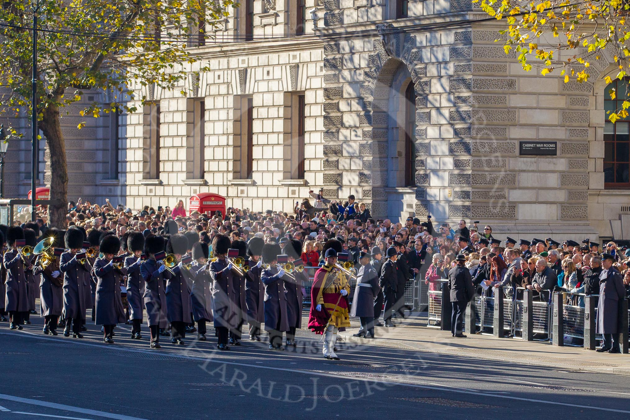 The Massed Bands of the Guards Divisions marching towards the Cenotaph from the west, lead by Drum Major Tony Taylor, No. 7 Company Coldstream Guards.