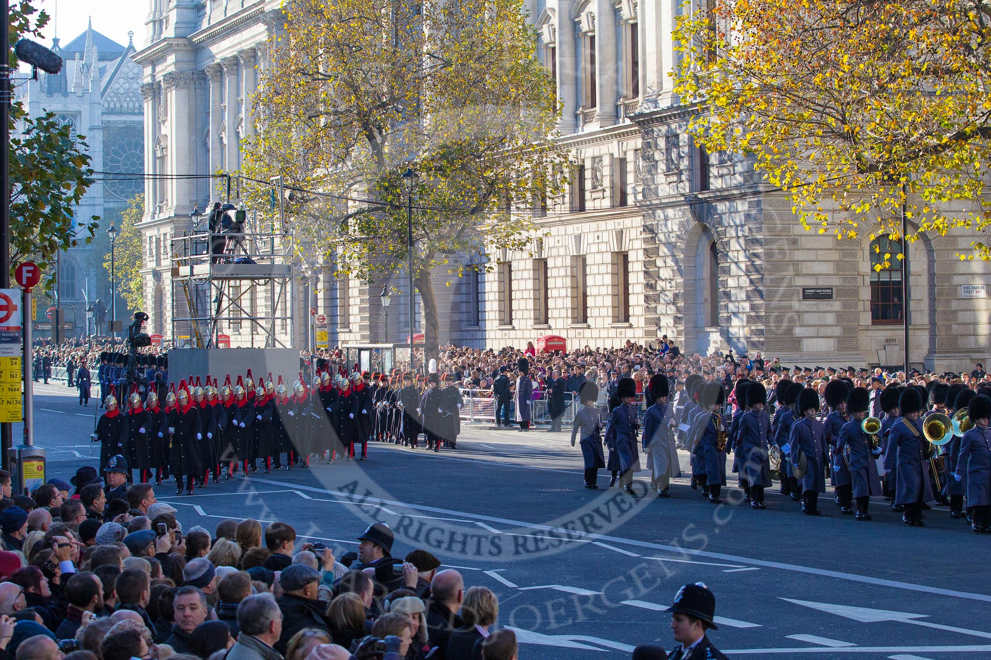 Following the Massed Bands of the Guards Divisions - a detachment from the Blues and Royals (Household Cavalry) and Royal Horse Artillery, and another of the Massed Bands.