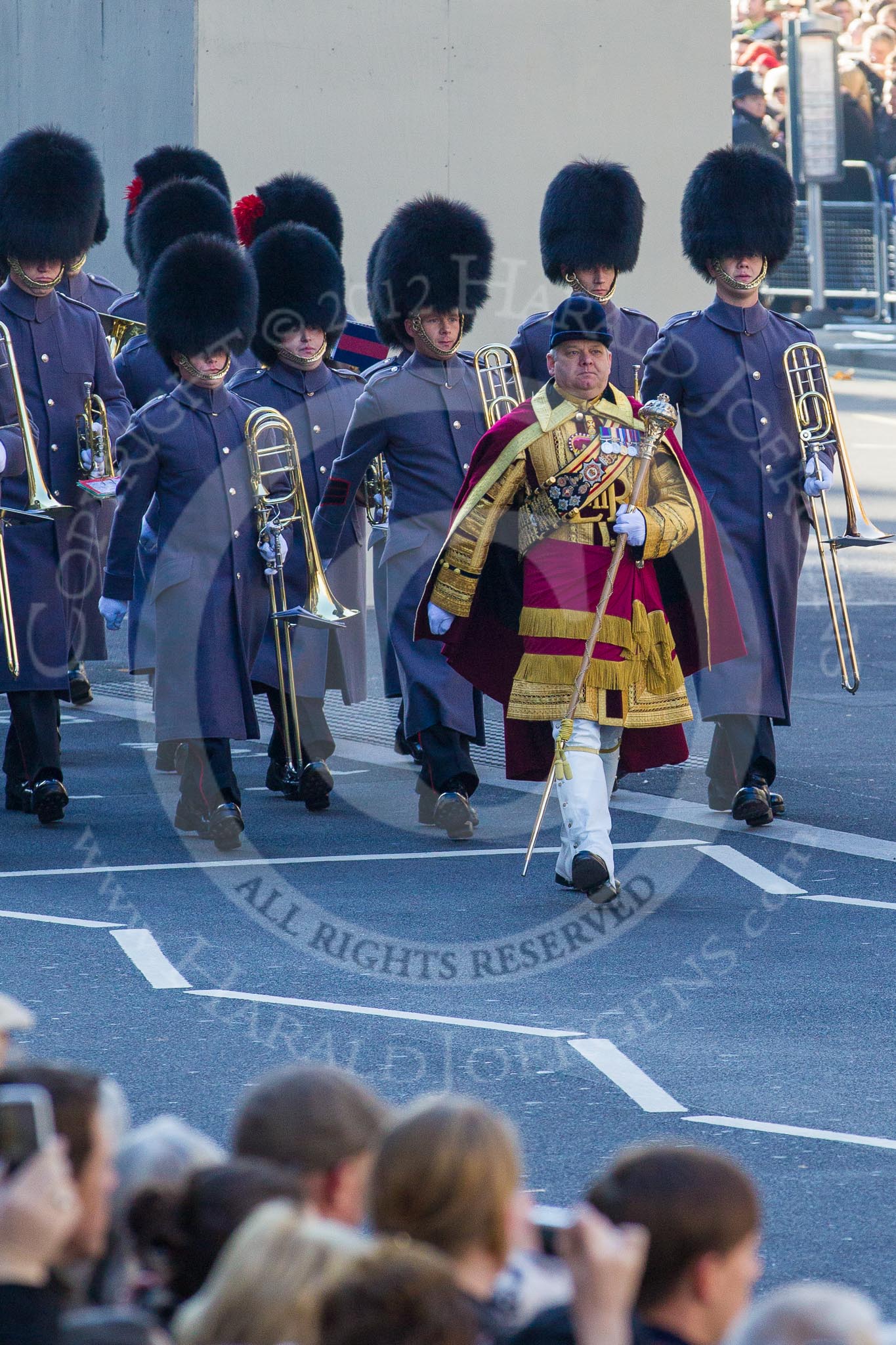 Drum Major Stephen Staite, Grenadier Guards, leading another group of the Massed Bands of the Guards Divisions.