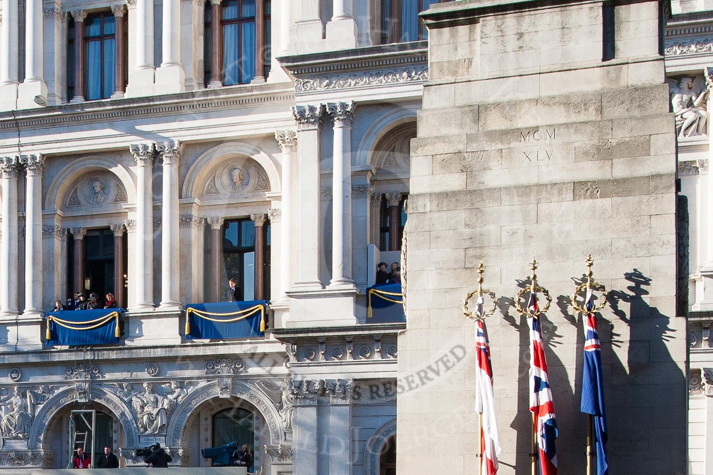 The Cenotaph, and balconies of the Foreign and Commonwealth Building behind.
