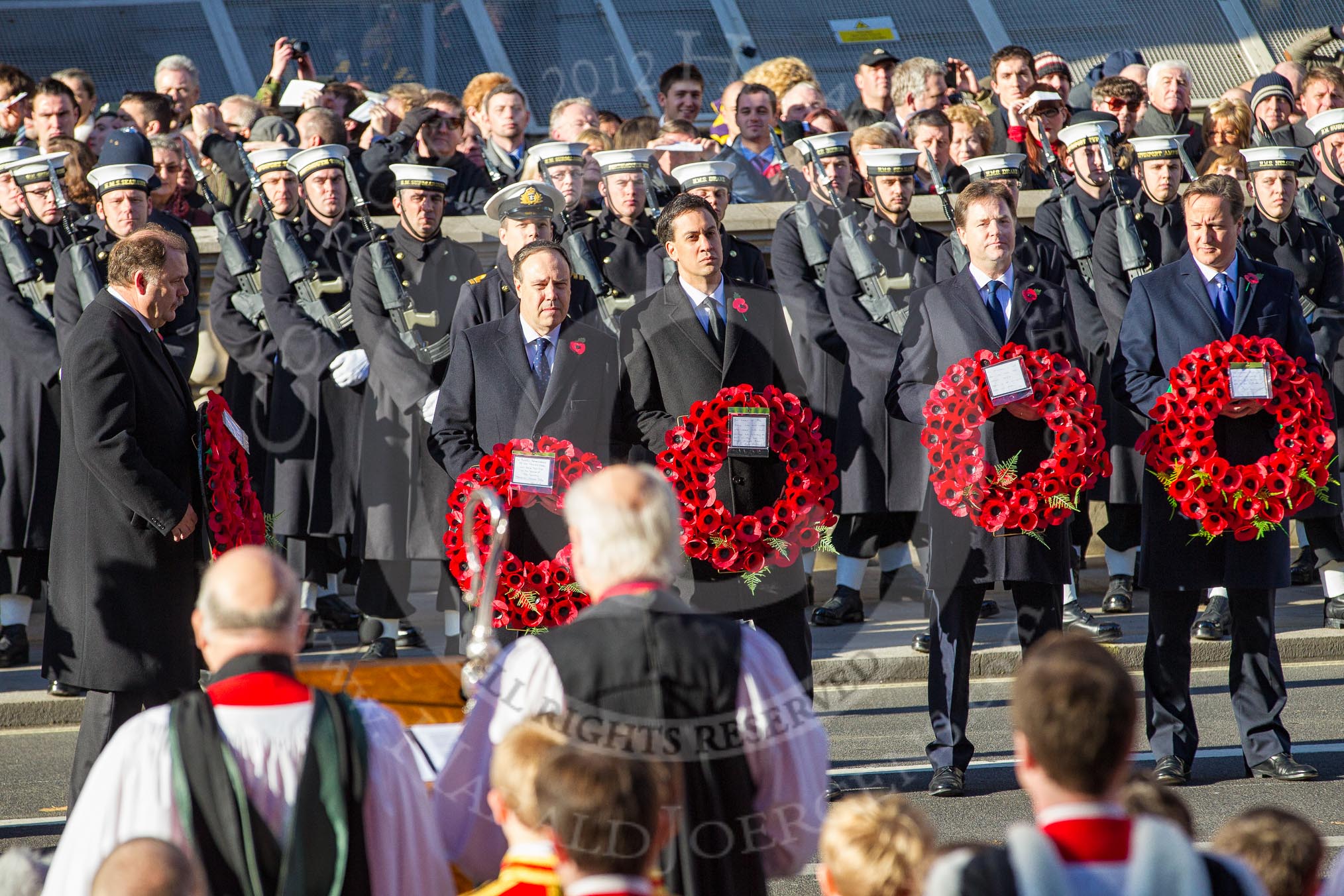Remembrance Sunday at the Cenotaph 2012 The Prime Minister, The Rt Hon David Cameron MP, and the Leader of the Liberal Democrat Party, The Rt Hon Nick Clegg, the Leader of the Opposition, The Rt Hon Ed Miliband, the Deputy Leader of the Democratic Unionist Party, The Rt Hon Nigel Dpdds, and the Westminster Plaid Cymru Group Leader, Elfyn Llywd.