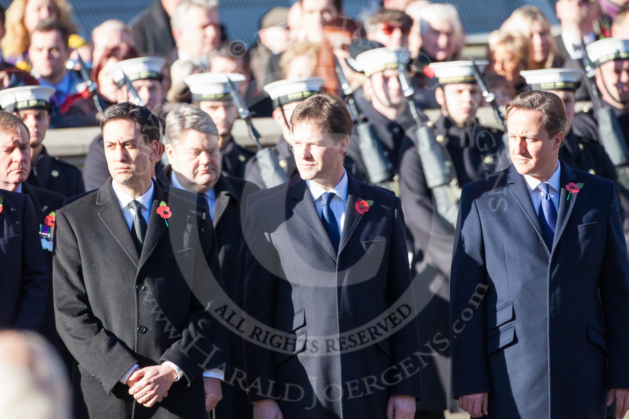 Ed Miliband, Leader of the Opposition, Nick Clegg, Leader of the Liberal Democratic Party, and Prime Minister David Cameron.