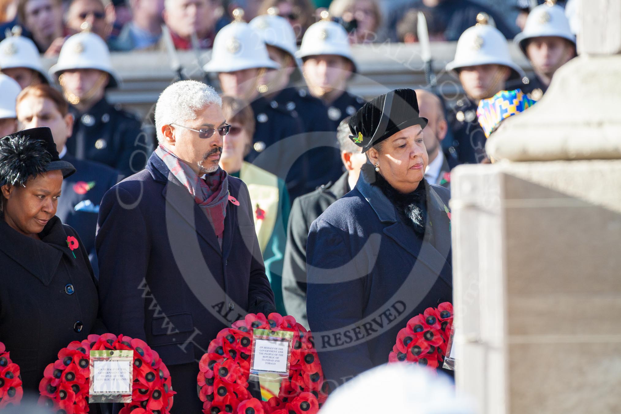 The High Commissioners lay there wreaths at the Cenotaph, partly out of view of the camera. In view the High Commissioners of Uganda, Trinidad and Tobago, and Jamaica.
