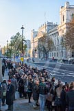 Whitehall at the morning of Remembrance Sunday 2012. On the right the Treasury building, in the centre of Whitehall a stand for BBC Television.