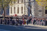 The Massed Bands of the Guards Divisions marching towards the Cenotaph from the west, lead by Drum Major Tony Taylor, No. 7 Company Coldstream Guards.