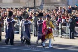 The Massed Bands of the Guards Divisions marching towards the Cenotaph from the west, lead by Drum Major Tony Taylor, No. 7 Company Coldstream Guards.