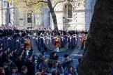 The western side of Whitehall at 10:36am, the Massed Bands of the Guards Divisions playing.