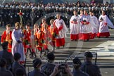 10:53am - the Choir, led by the Cross Bearer, Jack Fonseca-Burtt, followed by 10 children of the Chapel Royal, emerges from the Foreign and Commonwealth Building. They are followed by 6 Gentlemen-in-Ordinary.