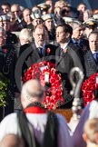 Ed Miliband, as Leader of the Opposition, about to lay a wreath at the Cenotaph. In the foreground, and out of focus, the Bishop of London.