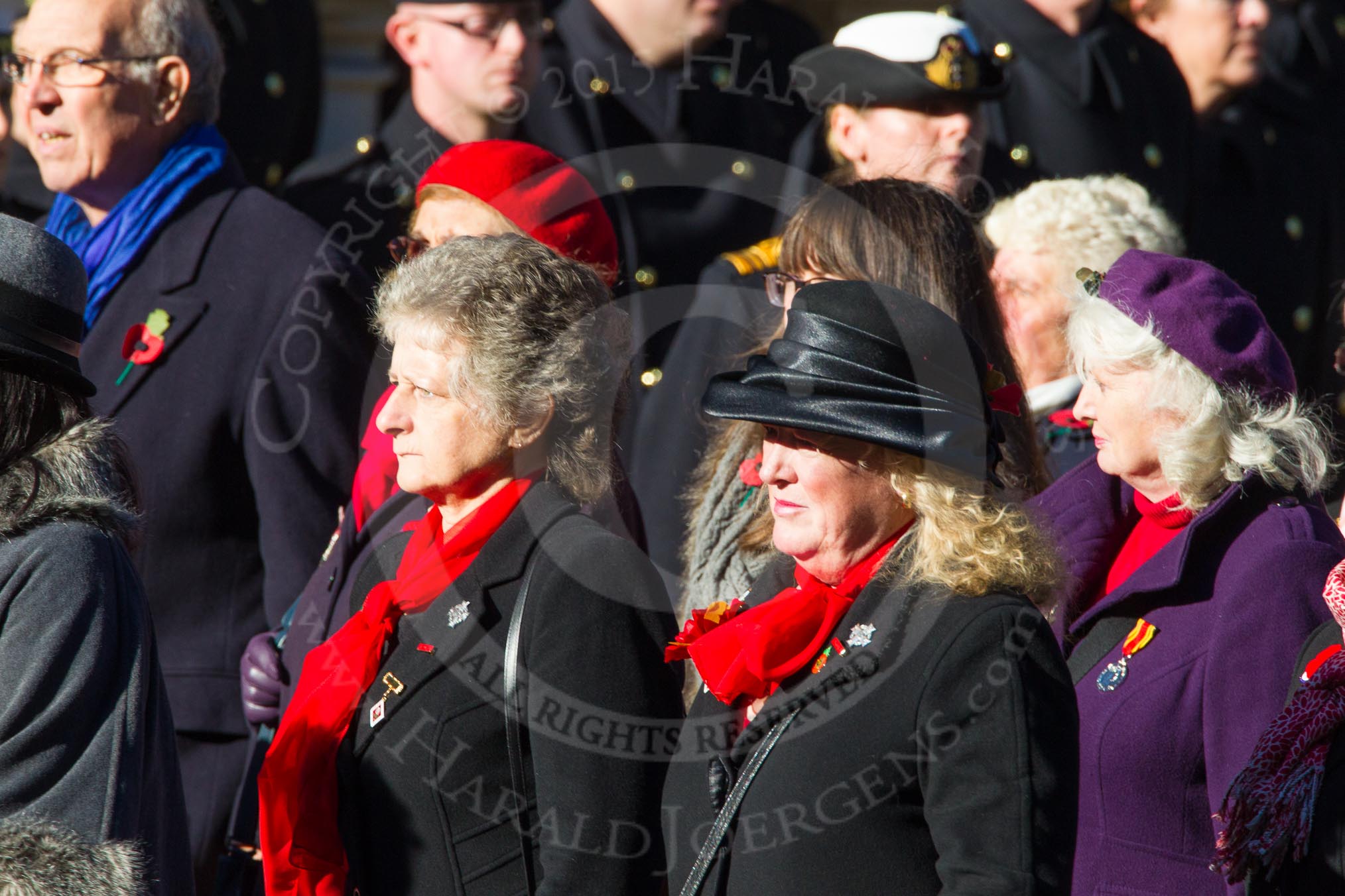 Remembrance Sunday Cenotaph March Past 2013: D1 - War Widows Association. The War Widows' Association exisits to improve the conditions of all War Widow/ers in the United Kingdom. The Association formed in 1971 following an article in a Sunday newspaper that highlighted the plight of Britain’s “forgotten women”. The Association gained charitable status in 1991 and continues to campaign against injustice..
Press stand opposite the Foreign Office building, Whitehall, London SW1,
London,
Greater London,
United Kingdom,
on 10 November 2013 at 11:38, image #25
