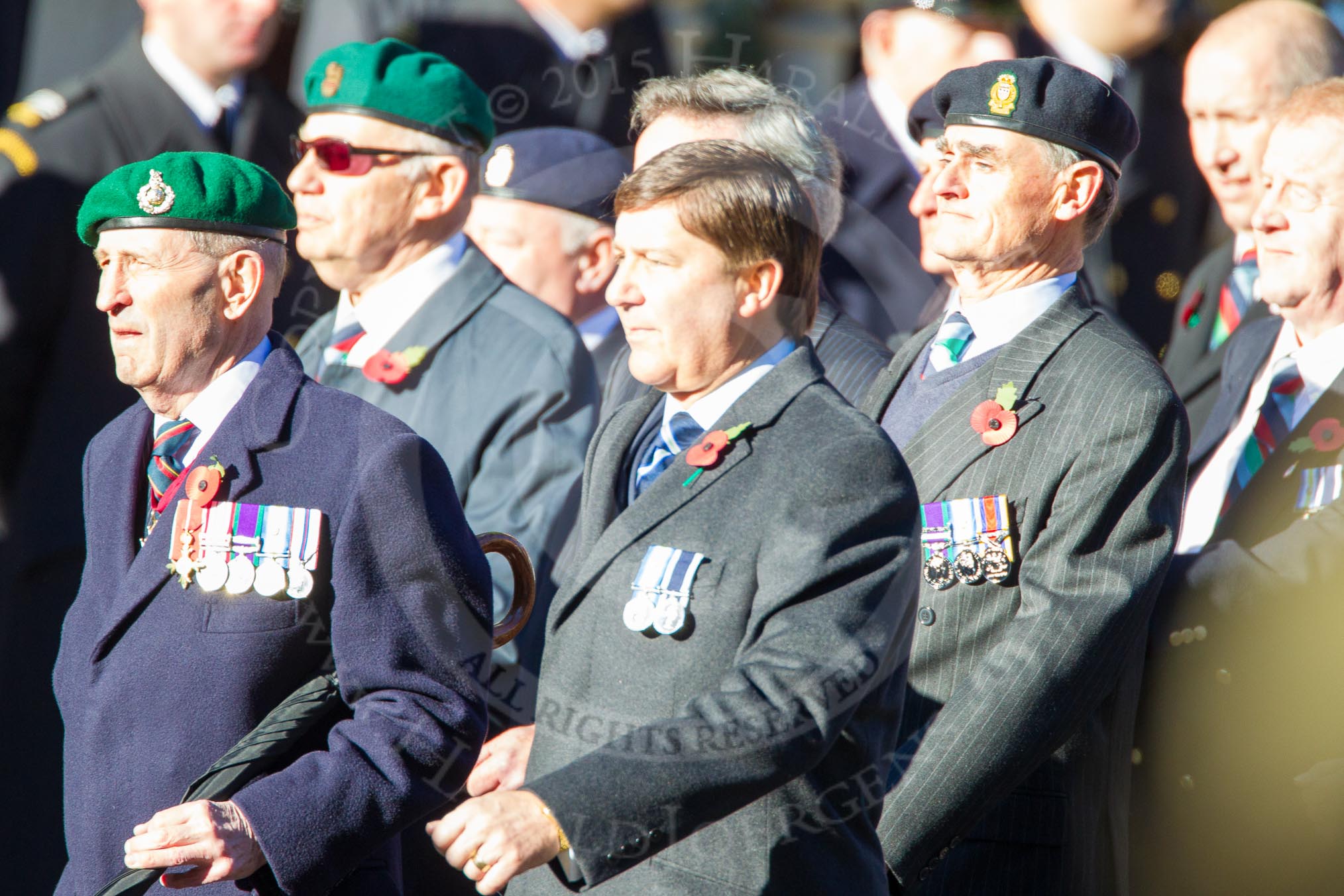 Remembrance Sunday Cenotaph March Past 2013: D23 - South Atlantic Medal Association (SAMA 82): The South Atlantic Medal (1982) is the official name of the medal awarded to almost 30,000 service men and women - and civilians - who took part in the campaign to liberate the Falkland Islands in 1982. The South Atlantic Medal Association is their Association. On the left is the group leader, Major General Julian Thompson CB OBE, Royal Marines..
Press stand opposite the Foreign Office building, Whitehall, London SW1,
London,
Greater London,
United Kingdom,
on 10 November 2013 at 11:41, image #166