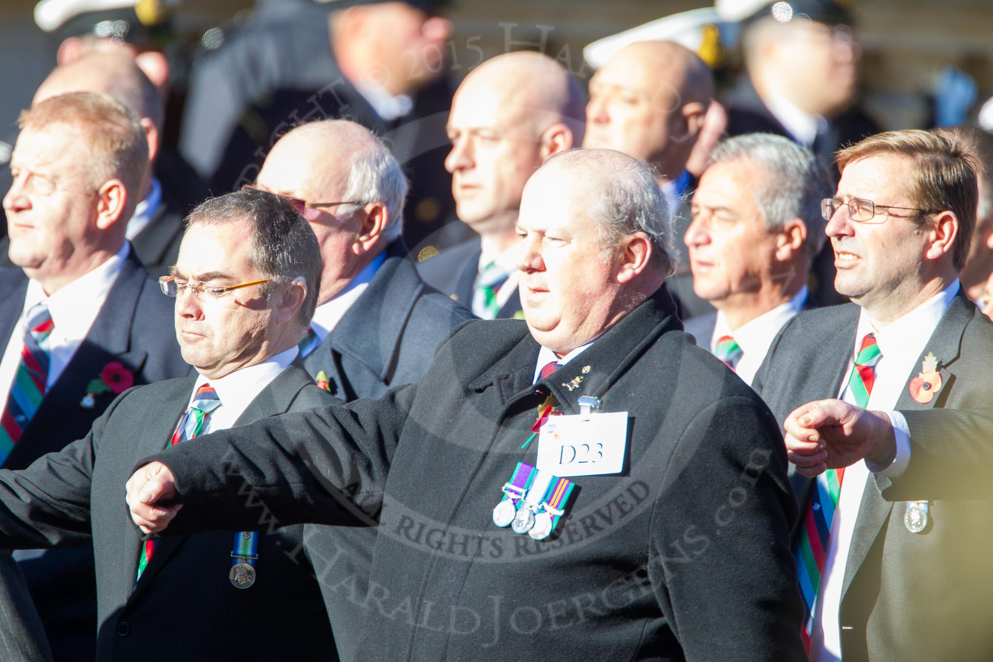 Remembrance Sunday Cenotaph March Past 2013: D23 - South Atlantic Medal Association (SAMA 82): The South Atlantic Medal (1982) is the official name of the medal awarded to almost 30,000 service men and women - and civilians - who took part in the campaign to liberate the Falkland Islands in 1982. The South Atlantic Medal Association is their Association..
Press stand opposite the Foreign Office building, Whitehall, London SW1,
London,
Greater London,
United Kingdom,
on 10 November 2013 at 11:41, image #169