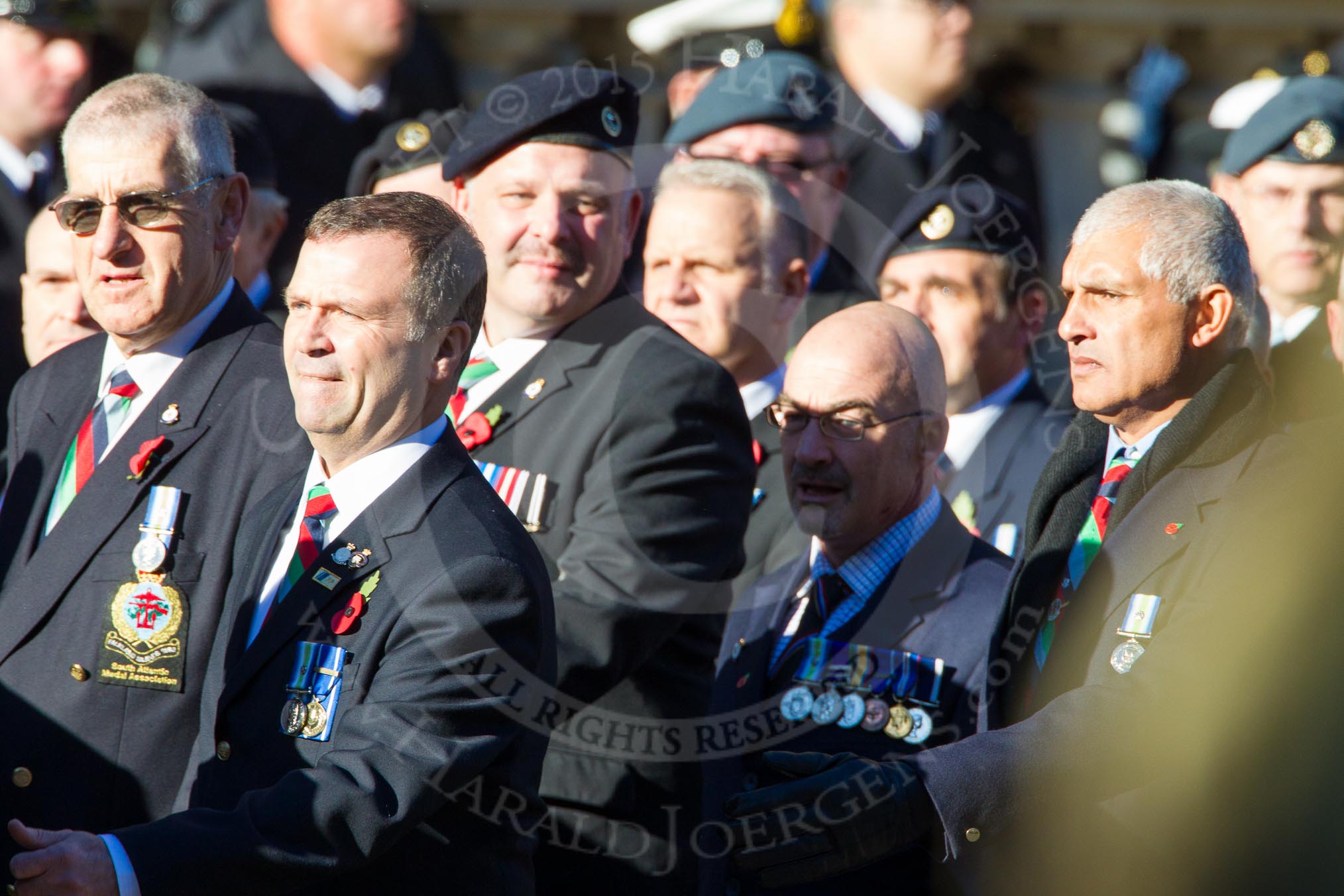 Remembrance Sunday Cenotaph March Past 2013: D23 - South Atlantic Medal Association (SAMA 82): The South Atlantic Medal (1982) is the official name of the medal awarded to almost 30,000 service men and women - and civilians - who took part in the campaign to liberate the Falkland Islands in 1982. The South Atlantic Medal Association is their Association..
Press stand opposite the Foreign Office building, Whitehall, London SW1,
London,
Greater London,
United Kingdom,
on 10 November 2013 at 11:41, image #178