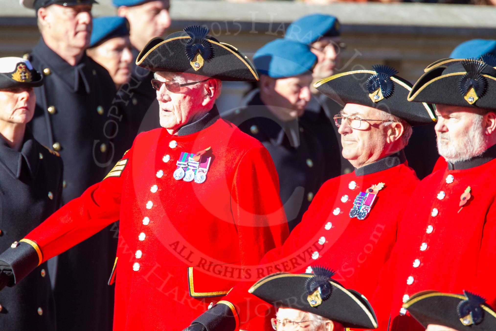 Remembrance Sunday Cenotaph March Past 2013: D30 - Royal Hospital Chelsea, the Chelsea Pensioners..
Press stand opposite the Foreign Office building, Whitehall, London SW1,
London,
Greater London,
United Kingdom,
on 10 November 2013 at 11:43, image #267