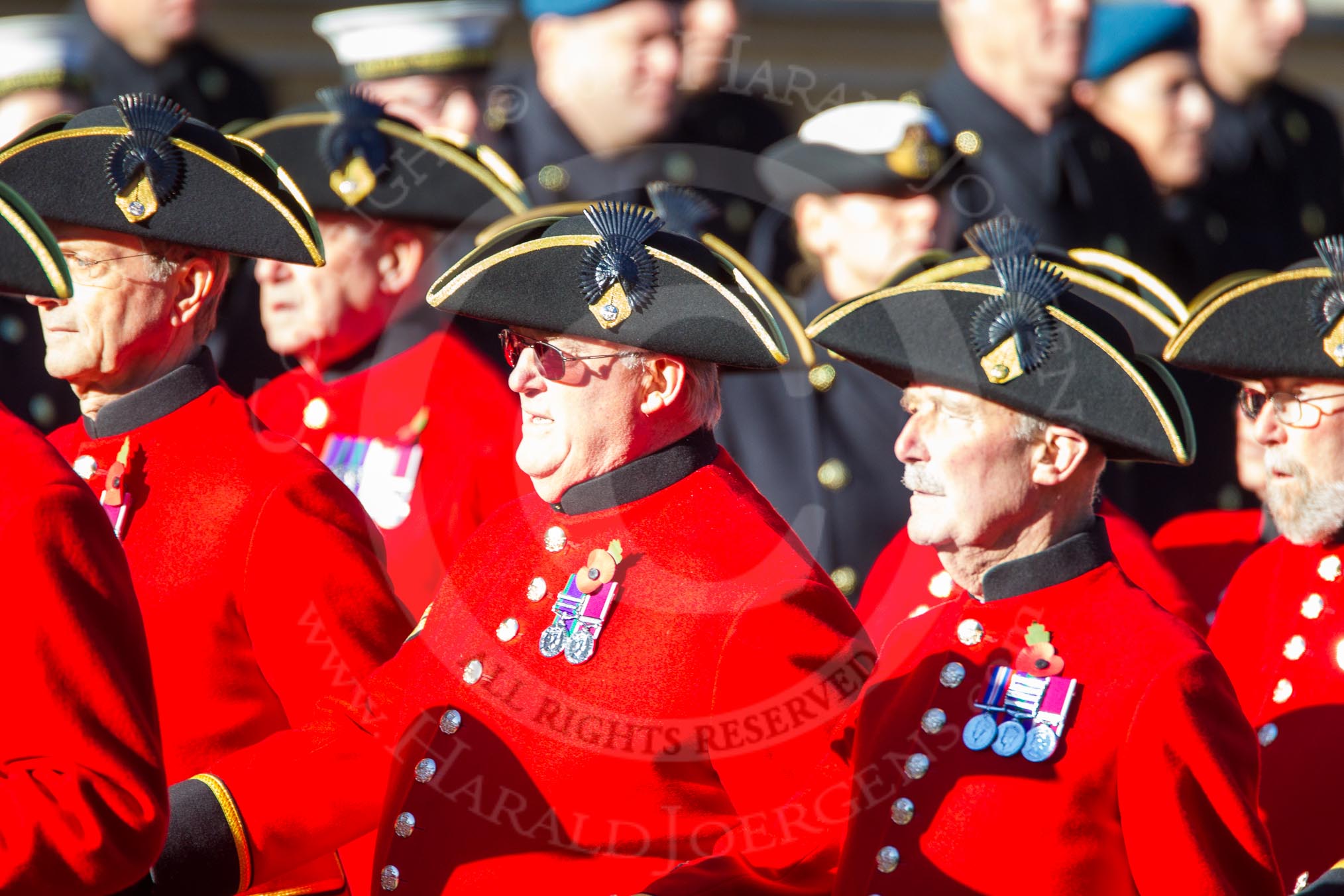 Remembrance Sunday Cenotaph March Past 2013: D30 - Royal Hospital Chelsea, the Chelsea Pensioners..
Press stand opposite the Foreign Office building, Whitehall, London SW1,
London,
Greater London,
United Kingdom,
on 10 November 2013 at 11:43, image #271