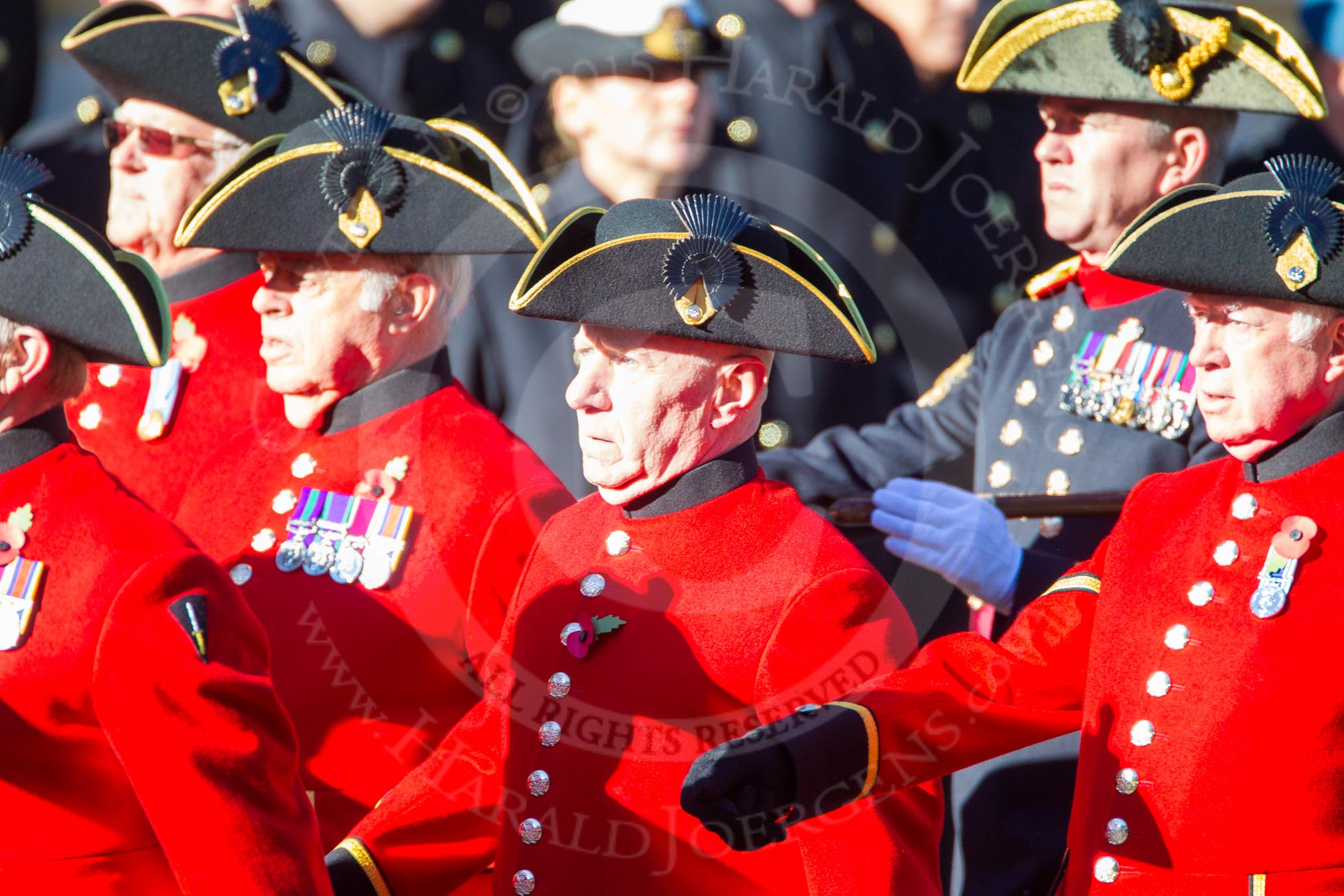 Remembrance Sunday Cenotaph March Past 2013: D30 - Royal Hospital Chelsea, the Chelsea Pensioners, here Sergeant Major Pearse Lally..
Press stand opposite the Foreign Office building, Whitehall, London SW1,
London,
Greater London,
United Kingdom,
on 10 November 2013 at 11:43, image #275