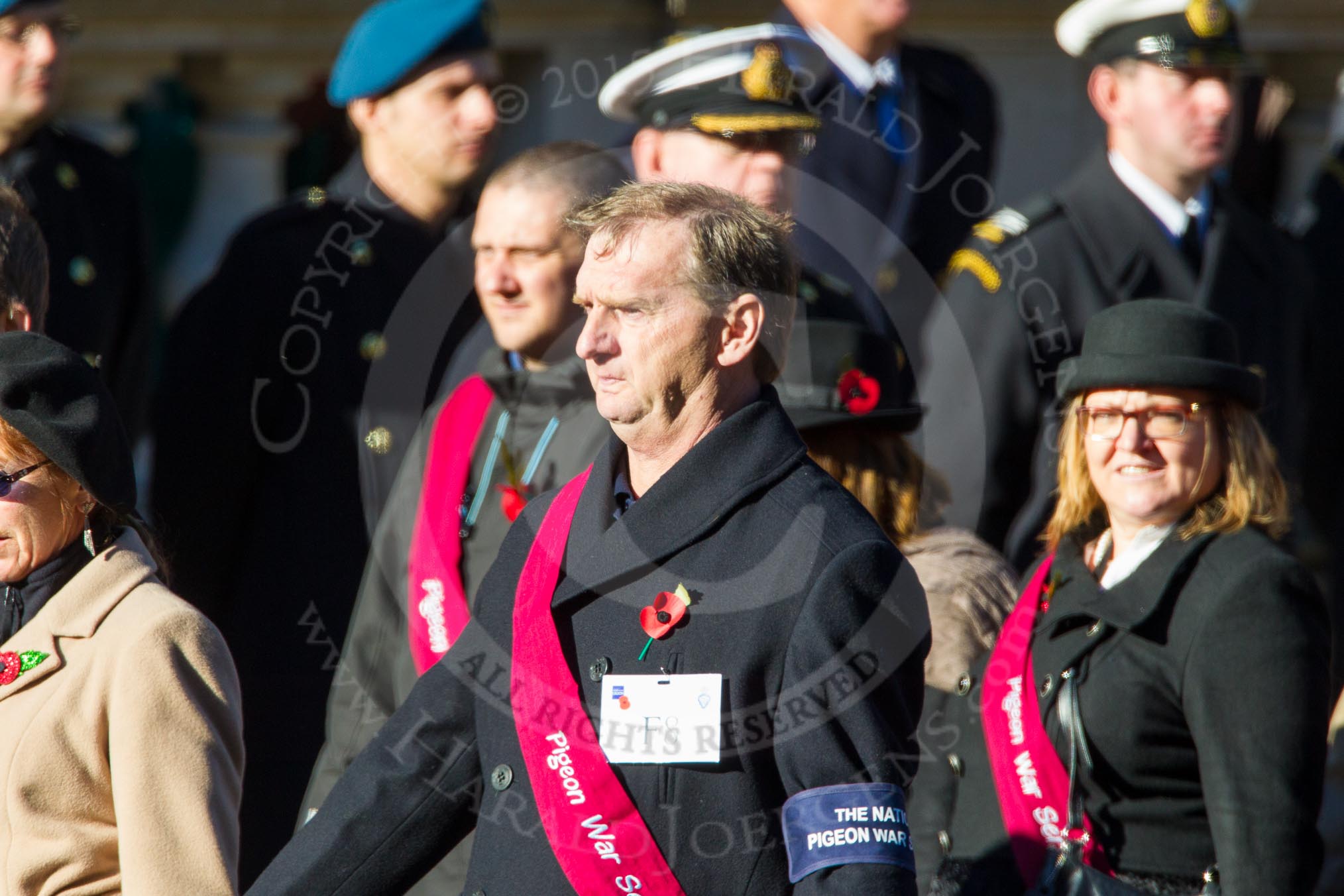 Remembrance Sunday Cenotaph March Past 2013: F8 - National Pigeon War Service..
Press stand opposite the Foreign Office building, Whitehall, London SW1,
London,
Greater London,
United Kingdom,
on 10 November 2013 at 11:51, image #809