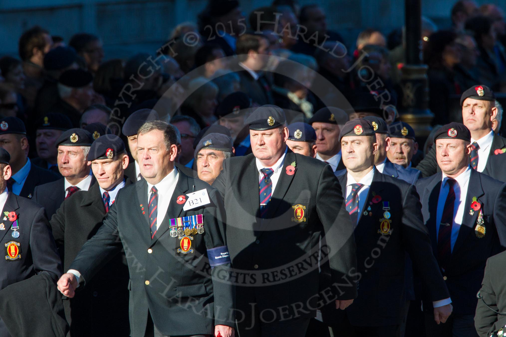 Remembrance Sunday Cenotaph March Past 2013: B21 - Royal Engineers Bomb Disposal Association..
Press stand opposite the Foreign Office building, Whitehall, London SW1,
London,
Greater London,
United Kingdom,
on 10 November 2013 at 12:02, image #1474