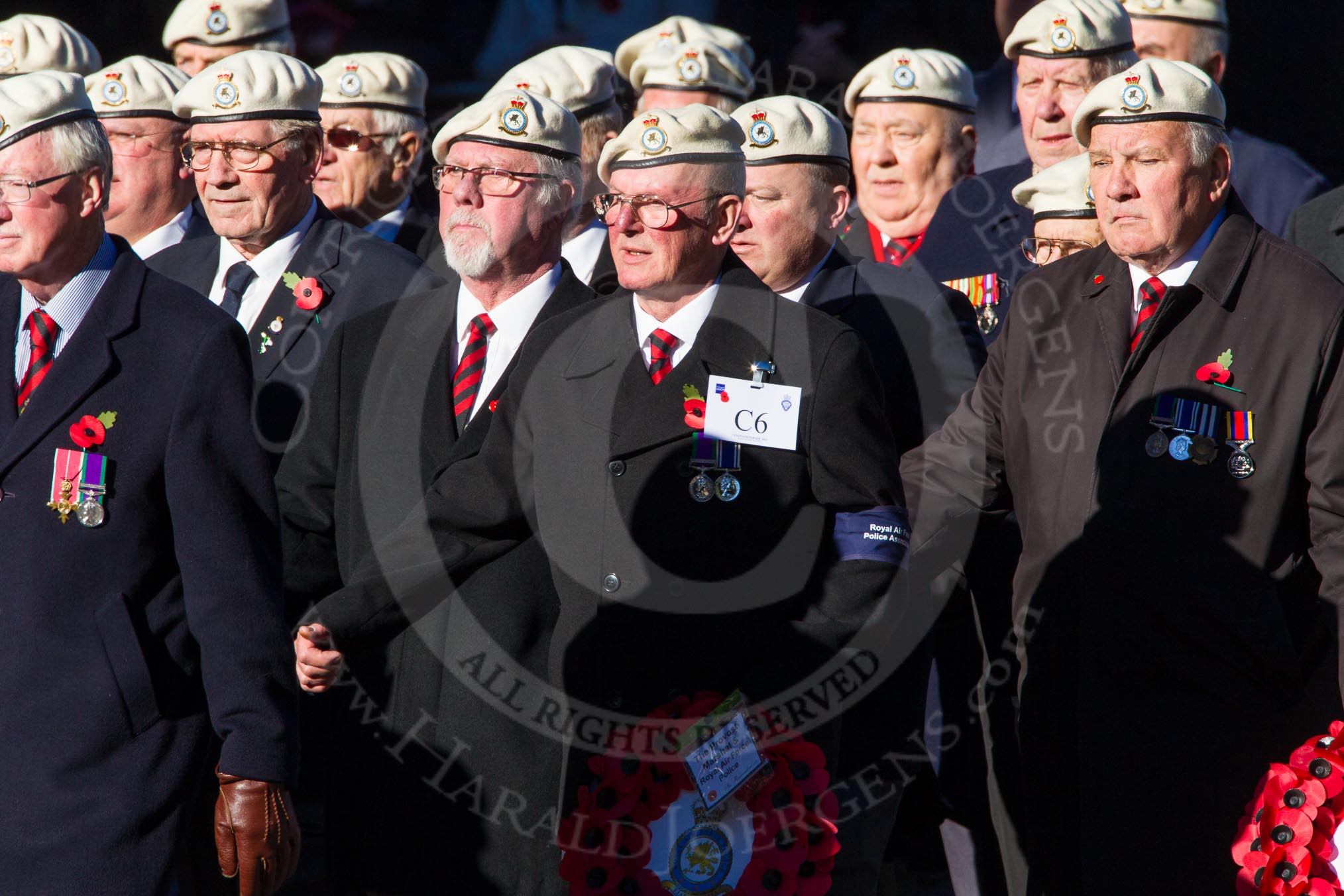 Remembrance Sunday Cenotaph March Past 2013: C6 - Royal Air Force Police Association..
Press stand opposite the Foreign Office building, Whitehall, London SW1,
London,
Greater London,
United Kingdom,
on 10 November 2013 at 12:06, image #1721
