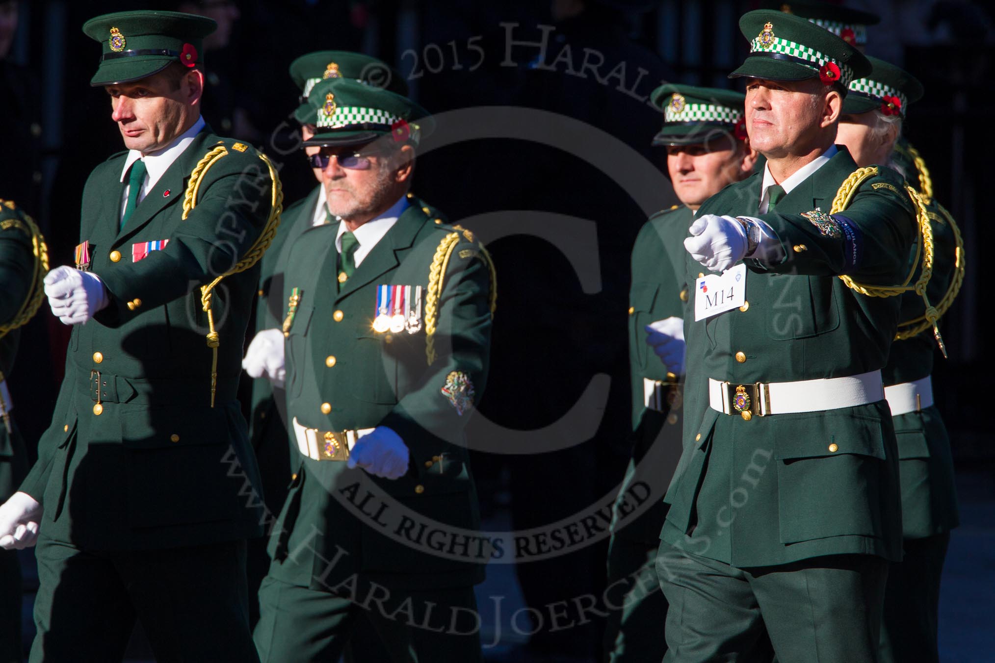 Remembrance Sunday Cenotaph March Past 2013: M14 - London Ambulance Service NHS Trust..
Press stand opposite the Foreign Office building, Whitehall, London SW1,
London,
Greater London,
United Kingdom,
on 10 November 2013 at 12:10, image #1977