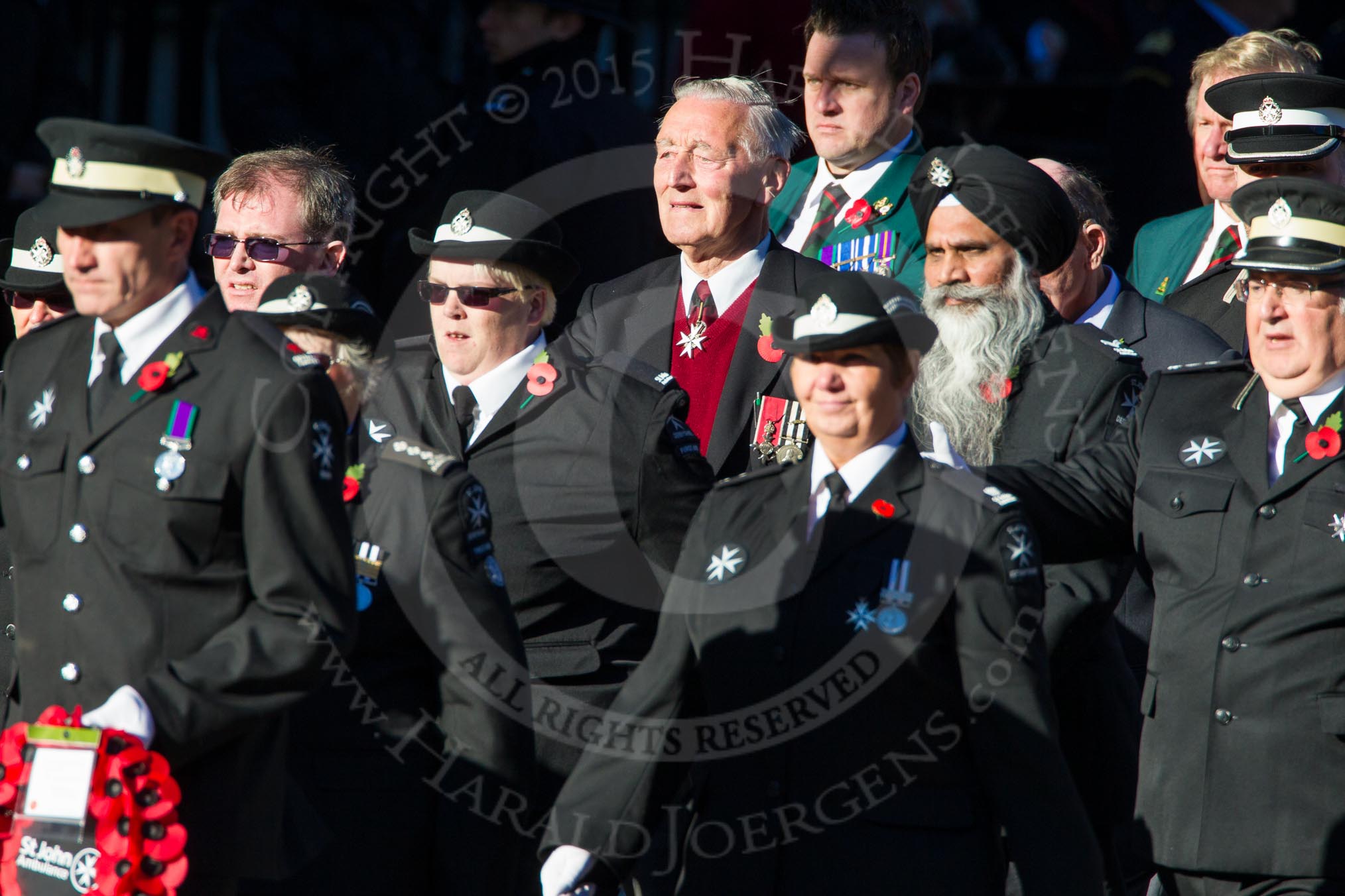 Remembrance Sunday Cenotaph March Past 2013: M16 - St John Ambulance..
Press stand opposite the Foreign Office building, Whitehall, London SW1,
London,
Greater London,
United Kingdom,
on 10 November 2013 at 12:11, image #2001