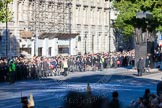 Remembrance Sunday Cenotaph March Past 2013: Whitehall at 10:10am: The build-up for the March Past. Column D, between the Cenotaph and the Monument to the Women of Word War II..
Press stand opposite the Foreign Office building, Whitehall, London SW1,
London,
Greater London,
United Kingdom,
on 10 November 2013 at 10:10, image #2