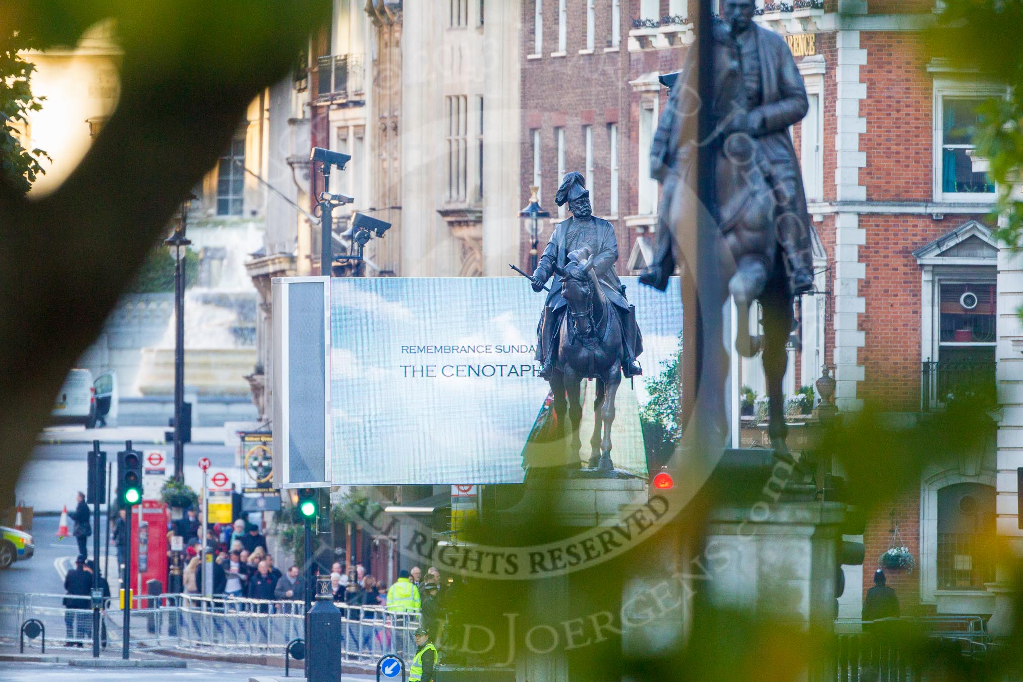 One of the huge screens for the BBC life broadcast at the Eastern end of Whitehall.