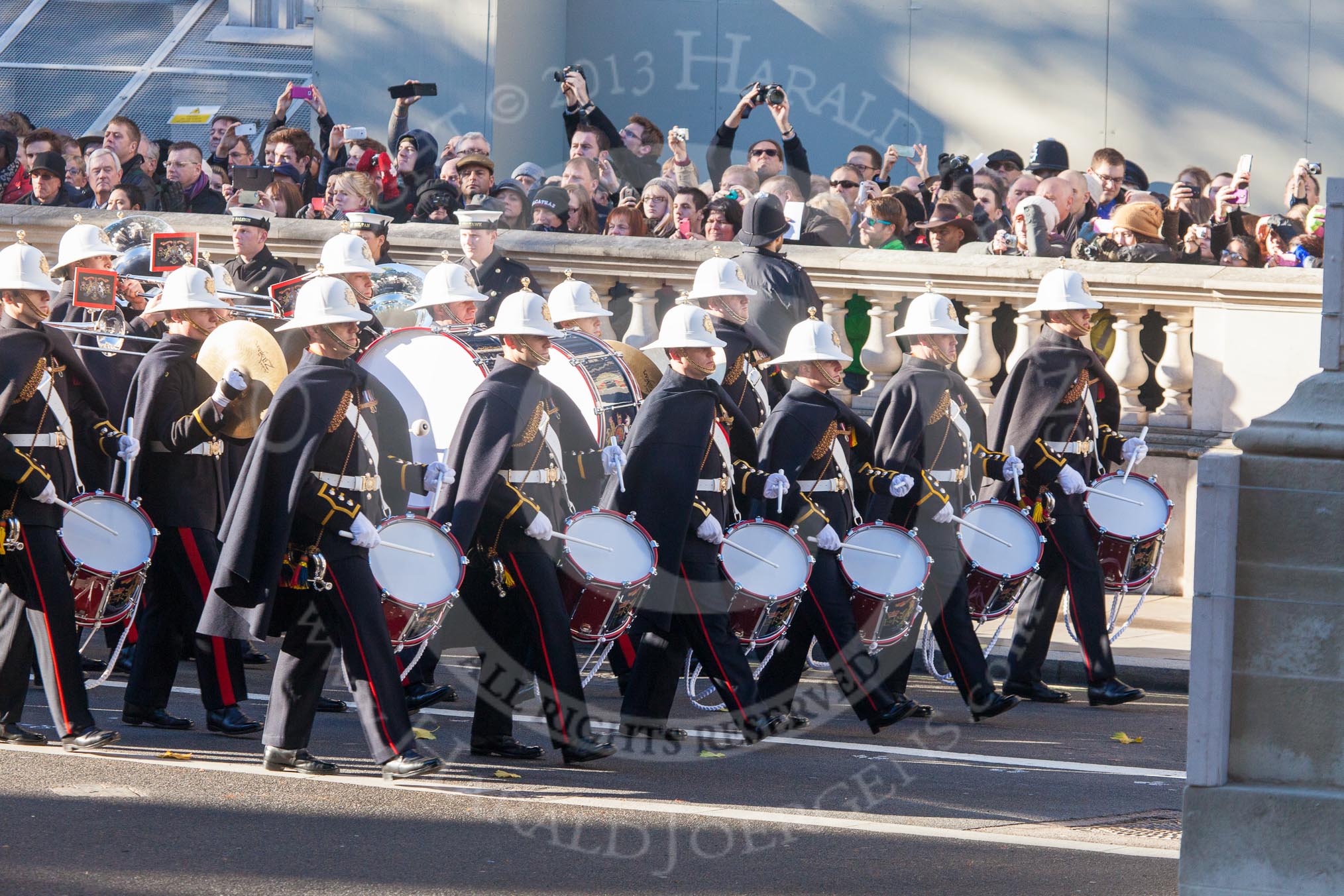 The Band of the Royal Marines arriving at Whitehall.