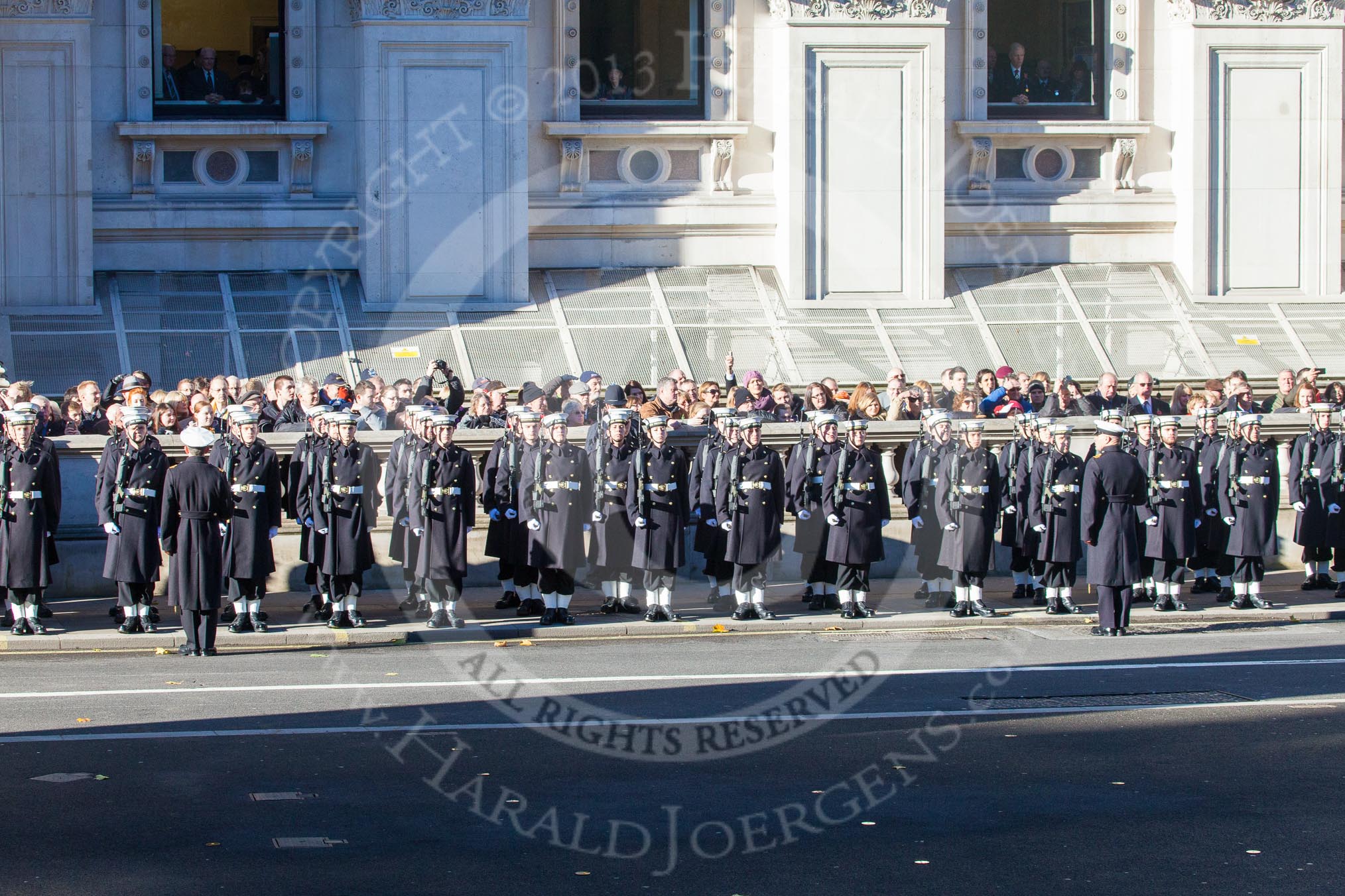 Royal Marines lining Whitehall before the start of the Cenotaph Ceremony.