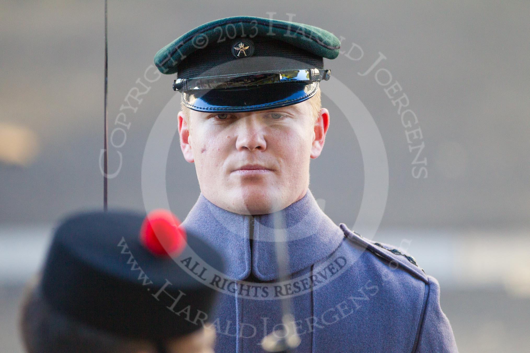 The commanding officer of the Royal Gurkha Rifles in front of the press stand.