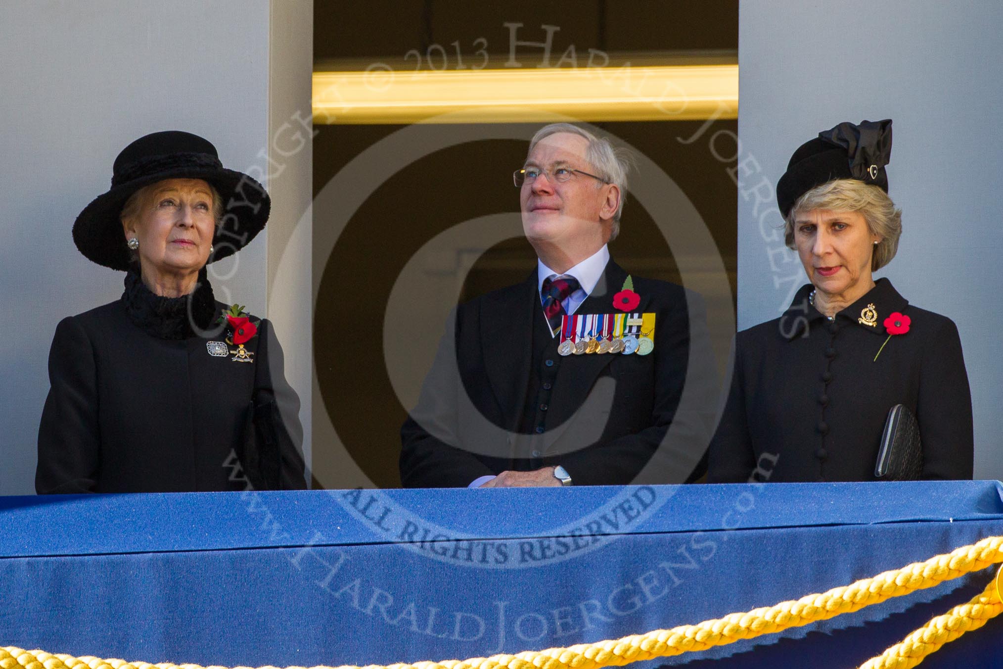 HRH Princess Alexandra, the Hon.Lady Ogilvy, THR The Duke and Duchess of Gloucester on one of the balconies of the Foreign- and Commonwealth Office building.