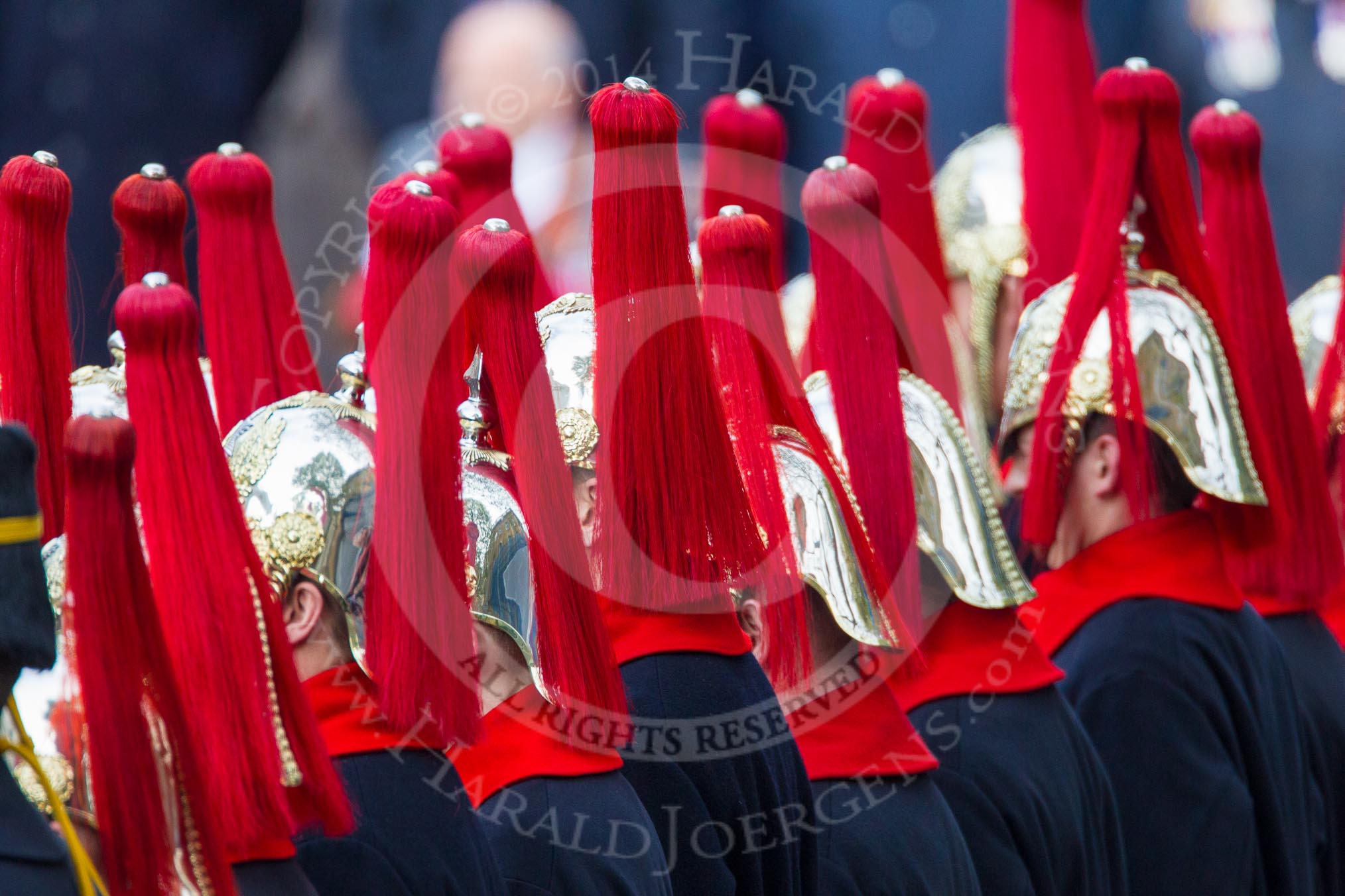 Remembrance Sunday at the Cenotaph in London 2014: The Blues and Royals lining the eastern side of Whitehall, next to the waiting March Past columns.
Press stand opposite the Foreign Office building, Whitehall, London SW1,
London,
Greater London,
United Kingdom,
on 09 November 2014 at 11:33, image #5