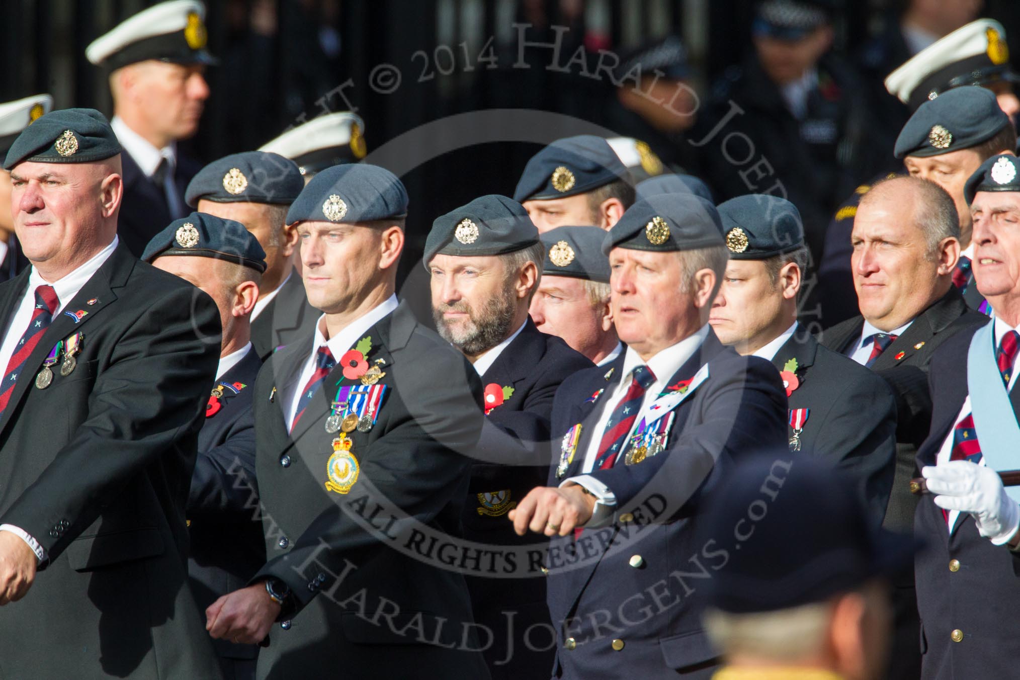 Photo 1411091138131D45050HaraldJoergens Remembrance Sunday at the Cenotaph in London 2014: Group C2 - Royal Air Force Regiment Association.
Press stand opposite the Foreign Office building, Whitehall, London SW1,
London,
Greater London,
United Kingdom,
on 09 November 2014 at 11:38, image #60
