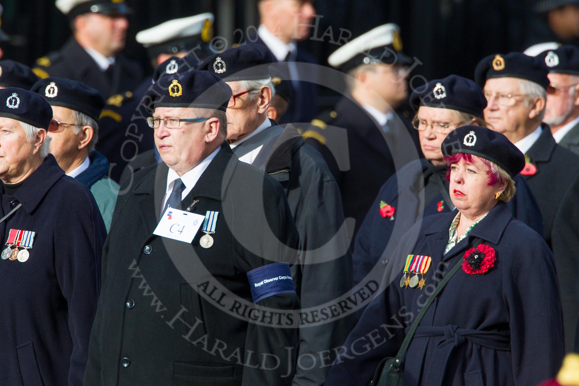 Remembrance Sunday at the Cenotaph in London 2014: Group C4 - Royal Observer Corps Association.
Press stand opposite the Foreign Office building, Whitehall, London SW1,
London,
Greater London,
United Kingdom,
on 09 November 2014 at 11:38, image #90