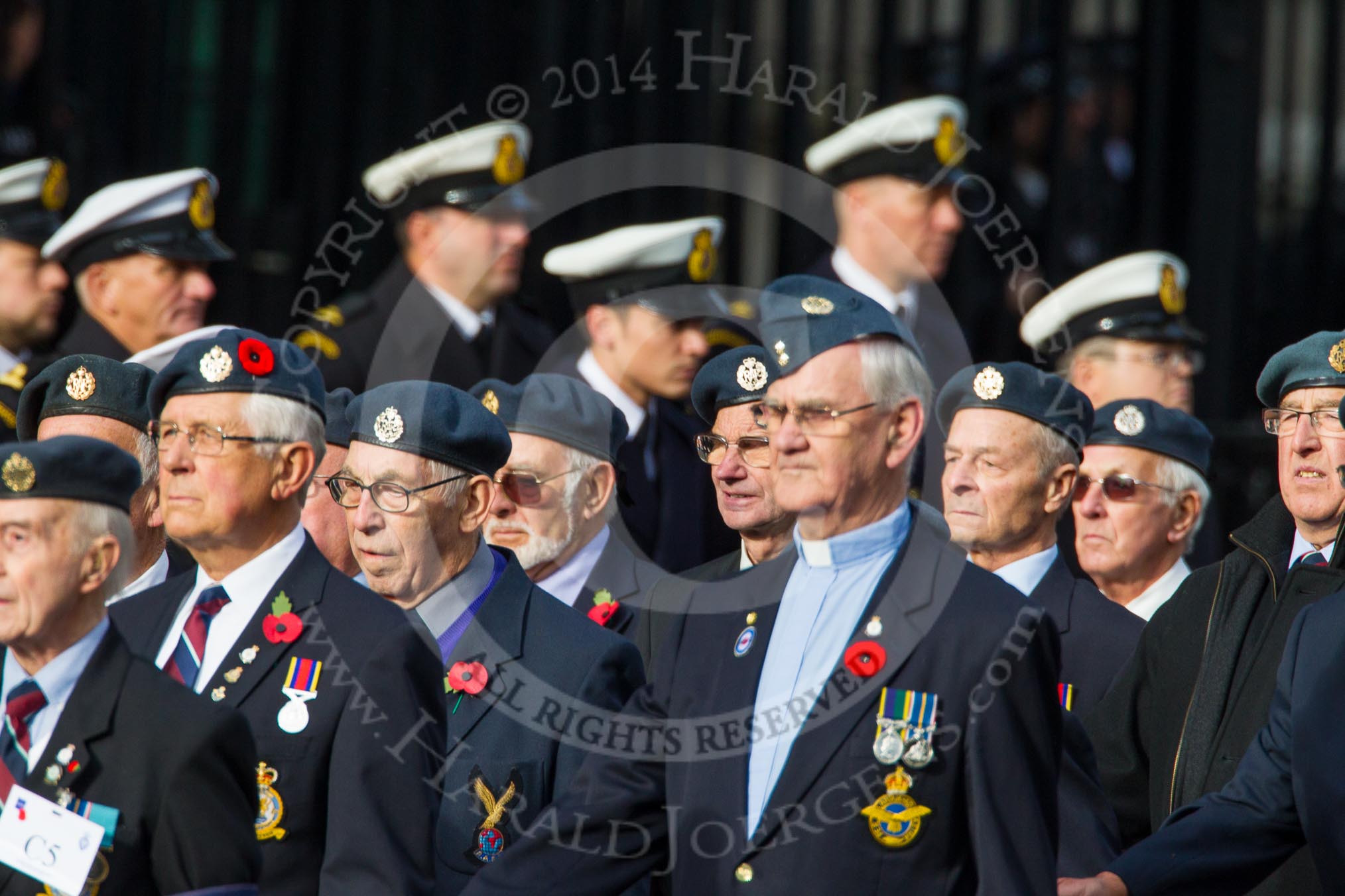 Remembrance Sunday at the Cenotaph in London 2014: Group C5 - National Service (Royal Air Force) Association.
Press stand opposite the Foreign Office building, Whitehall, London SW1,
London,
Greater London,
United Kingdom,
on 09 November 2014 at 11:39, image #103