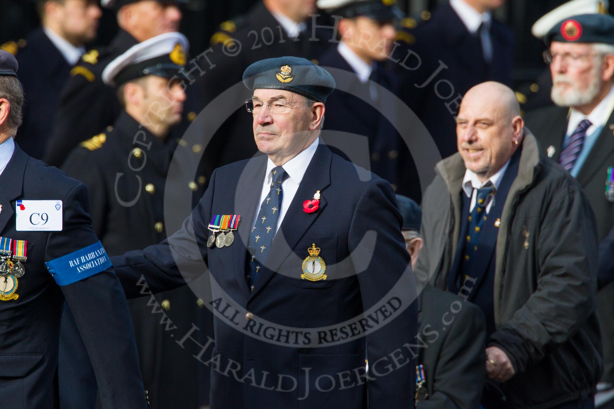 Remembrance Sunday at the Cenotaph in London 2014: Group C9 - RAF Habbaniya Association.
Press stand opposite the Foreign Office building, Whitehall, London SW1,
London,
Greater London,
United Kingdom,
on 09 November 2014 at 11:39, image #123