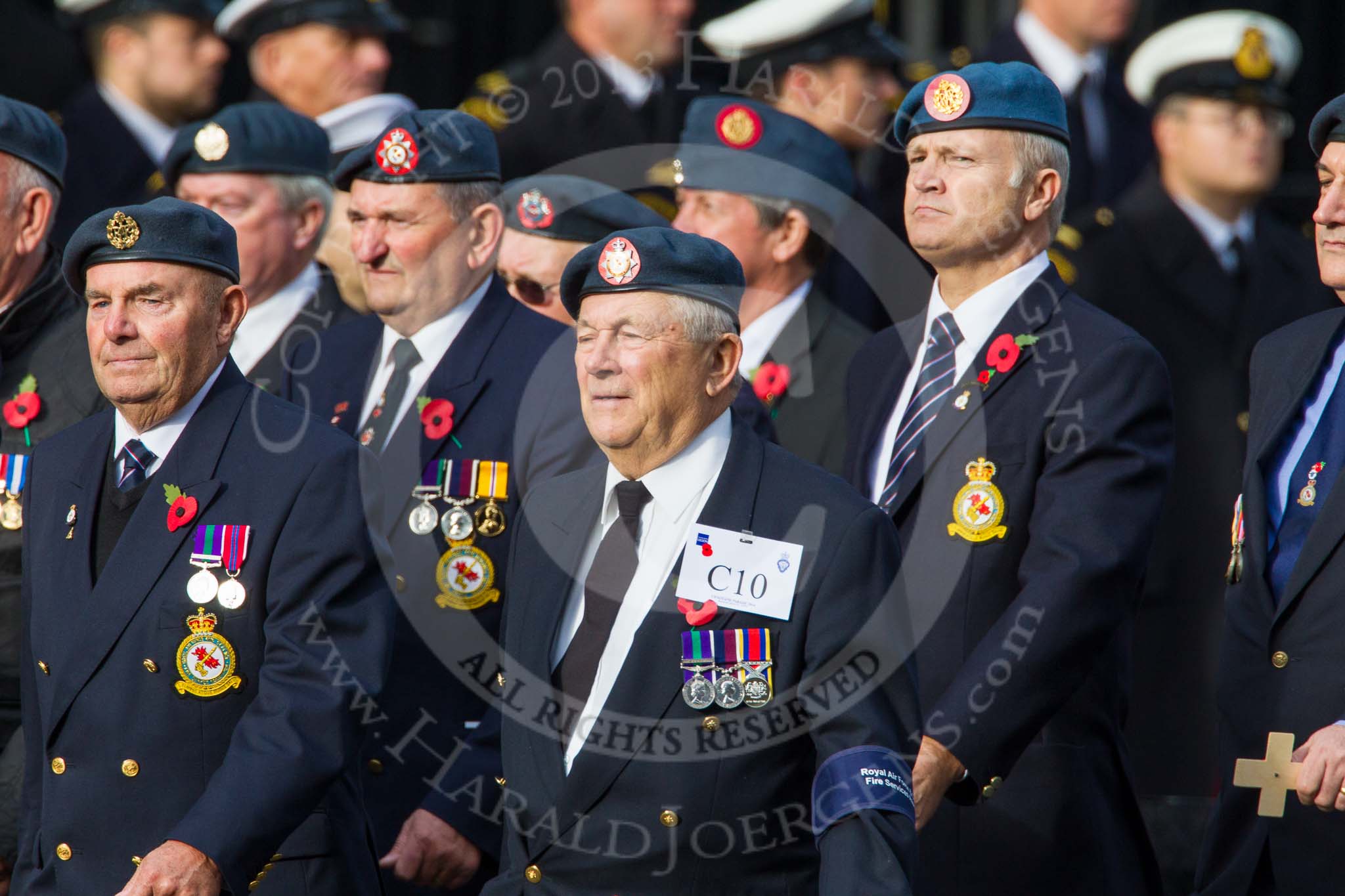 Remembrance Sunday at the Cenotaph in London 2014: Group C10 - Royal Air Force & Defence Fire Services Association.
Press stand opposite the Foreign Office building, Whitehall, London SW1,
London,
Greater London,
United Kingdom,
on 09 November 2014 at 11:39, image #128