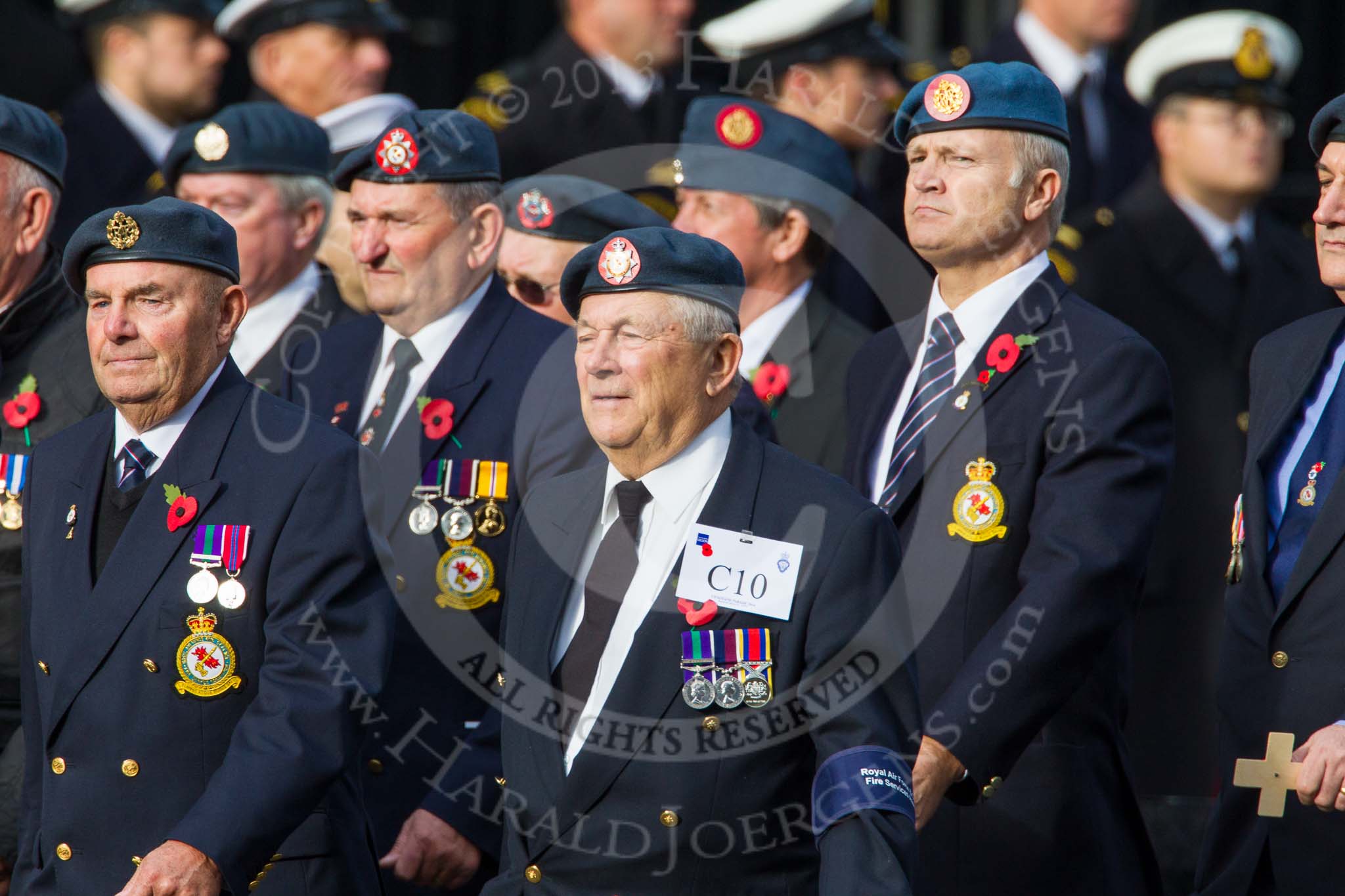 Photo 1411091139381D45229HaraldJoergens Remembrance Sunday at the Cenotaph in London 2014: Group C10 - Royal Air Force & Defence Fire Services Association.
Press stand opposite the Foreign Office building, Whitehall, London SW1,
London,
Greater London,
United Kingdom,
on 09 November 2014 at 11:39, image #128
