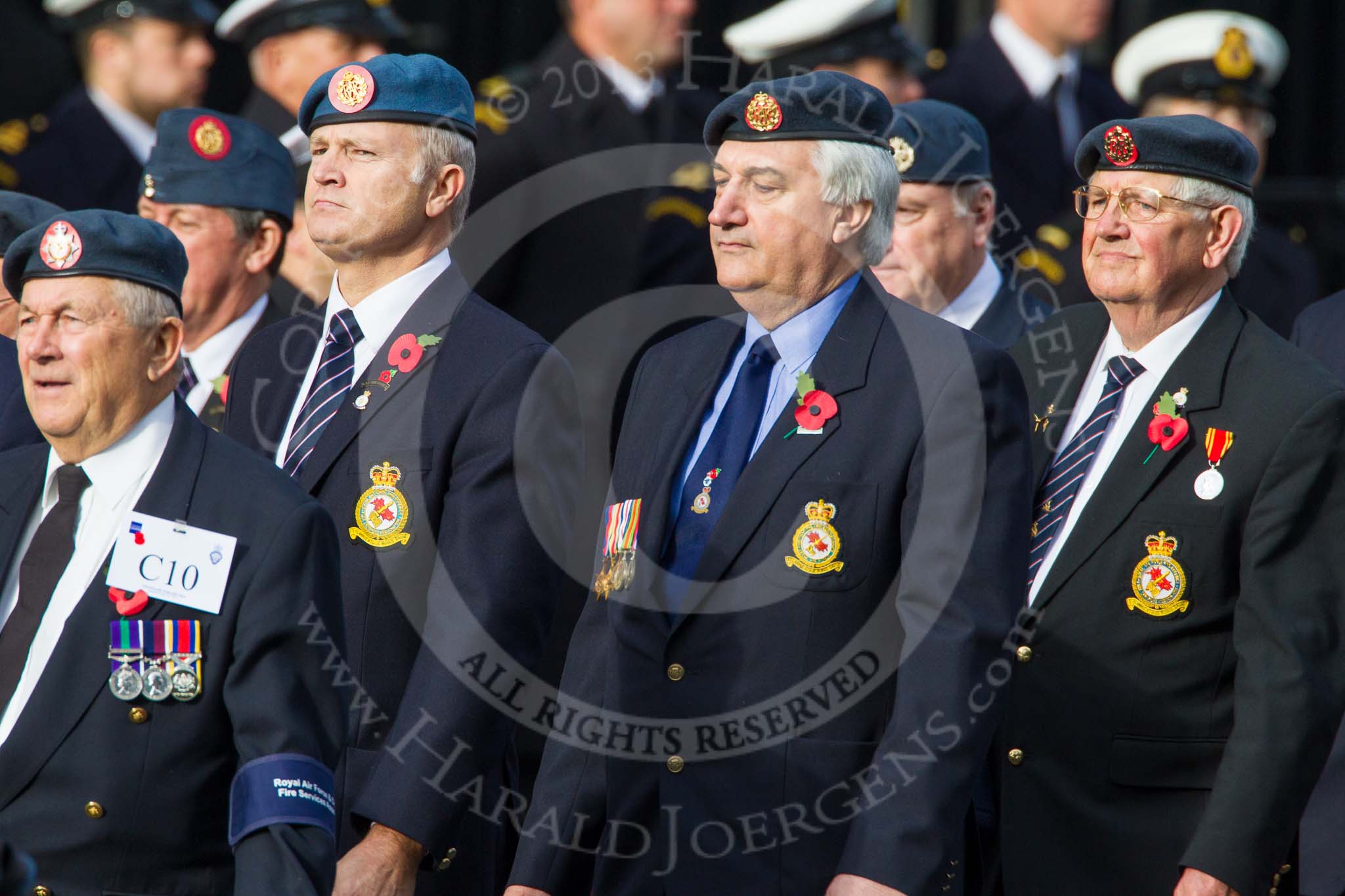 Remembrance Sunday at the Cenotaph in London 2014: Group C10 - Royal Air Force & Defence Fire Services Association.
Press stand opposite the Foreign Office building, Whitehall, London SW1,
London,
Greater London,
United Kingdom,
on 09 November 2014 at 11:39, image #129