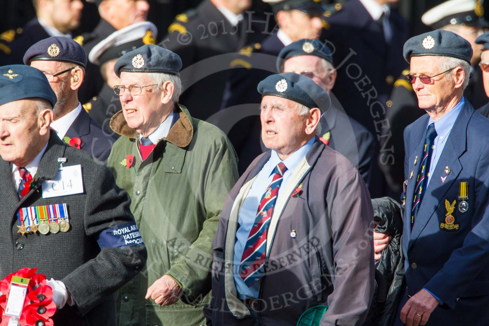 Remembrance Sunday at the Cenotaph in London 2014: Group C14 - Royal Air Force Yatesbury Association.
Press stand opposite the Foreign Office building, Whitehall, London SW1,
London,
Greater London,
United Kingdom,
on 09 November 2014 at 11:40, image #145