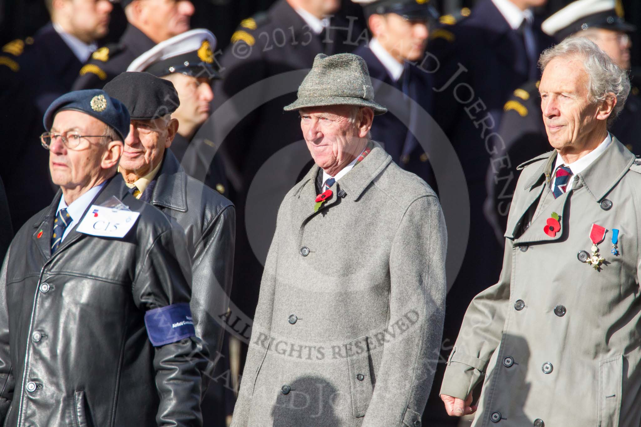 Remembrance Sunday at the Cenotaph in London 2014: Group C15 - Royal Air Force Airfield Construction Branch Association.
Press stand opposite the Foreign Office building, Whitehall, London SW1,
London,
Greater London,
United Kingdom,
on 09 November 2014 at 11:40, image #148