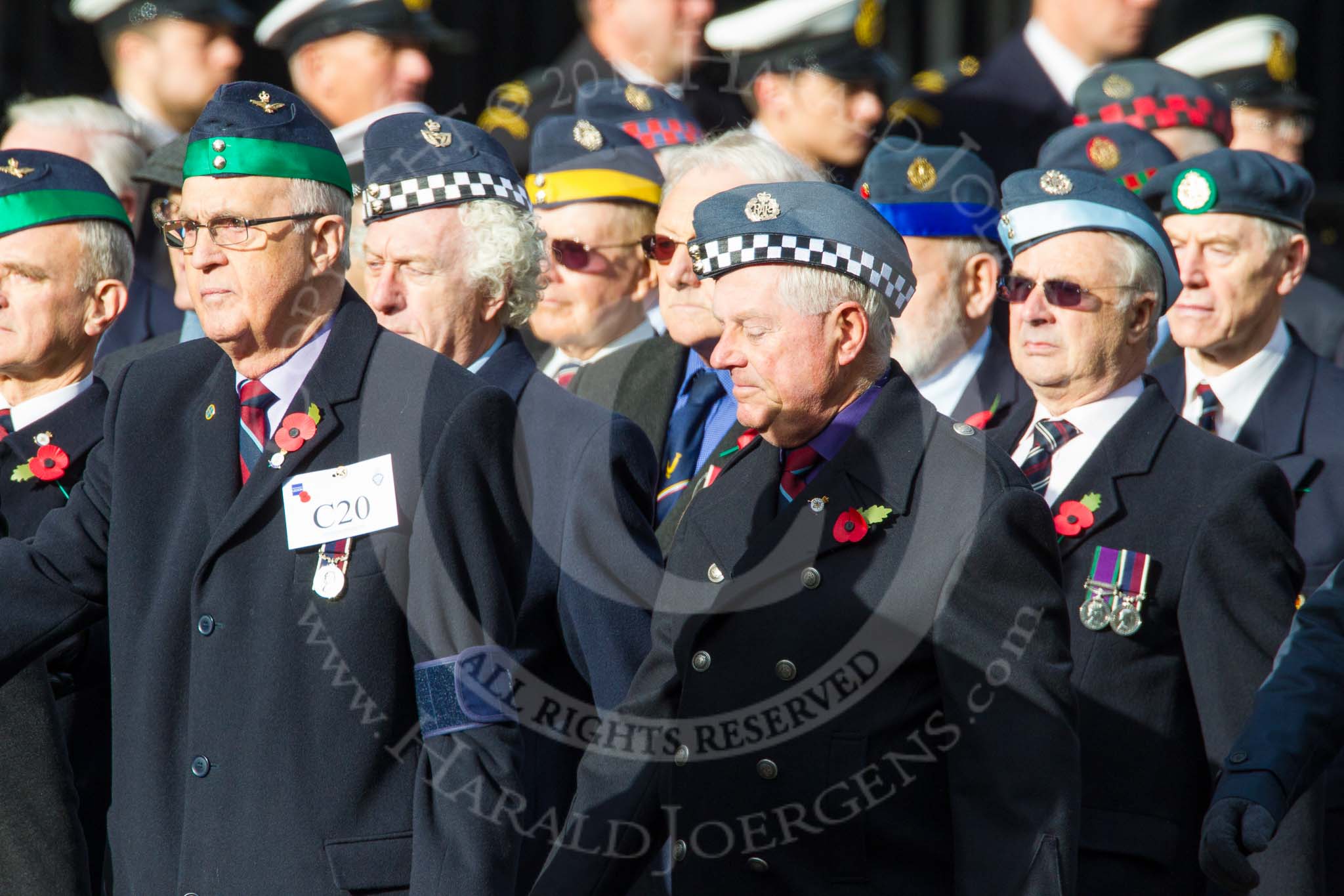 Remembrance Sunday at the Cenotaph in London 2014: Group C20 - Federation of Royal Air Force Apprentice & Boy Entrant
Associations.
Press stand opposite the Foreign Office building, Whitehall, London SW1,
London,
Greater London,
United Kingdom,
on 09 November 2014 at 11:40, image #168