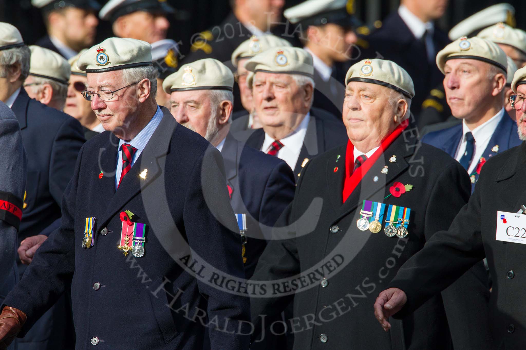 Remembrance Sunday at the Cenotaph in London 2014: Group C22 - Royal Air Force Police Association.
Press stand opposite the Foreign Office building, Whitehall, London SW1,
London,
Greater London,
United Kingdom,
on 09 November 2014 at 11:41, image #185