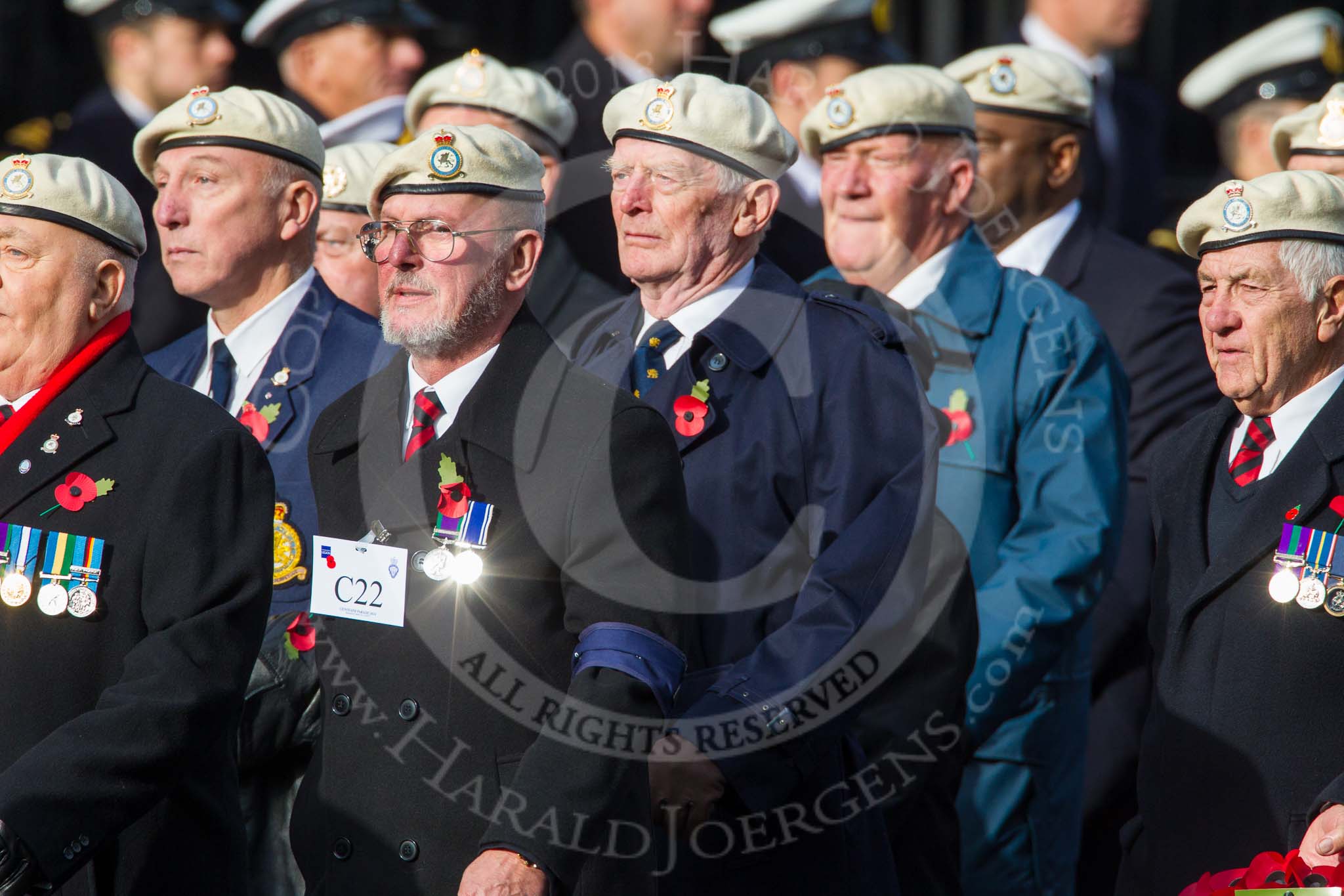 Remembrance Sunday at the Cenotaph in London 2014: Group C22 - Royal Air Force Police Association.
Press stand opposite the Foreign Office building, Whitehall, London SW1,
London,
Greater London,
United Kingdom,
on 09 November 2014 at 11:41, image #187