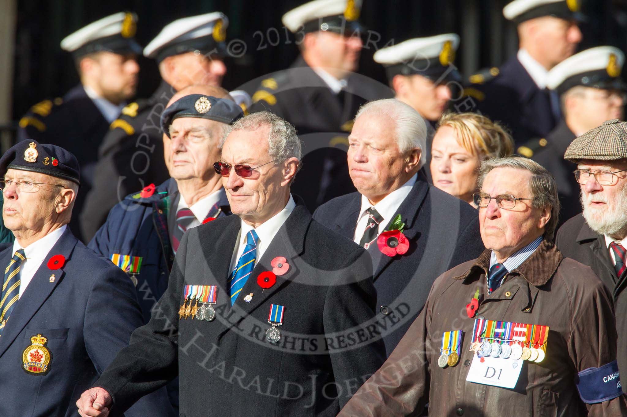 Remembrance Sunday at the Cenotaph in London 2014: Group D1 - Canadian Veterans Association.
Press stand opposite the Foreign Office building, Whitehall, London SW1,
London,
Greater London,
United Kingdom,
on 09 November 2014 at 11:43, image #274