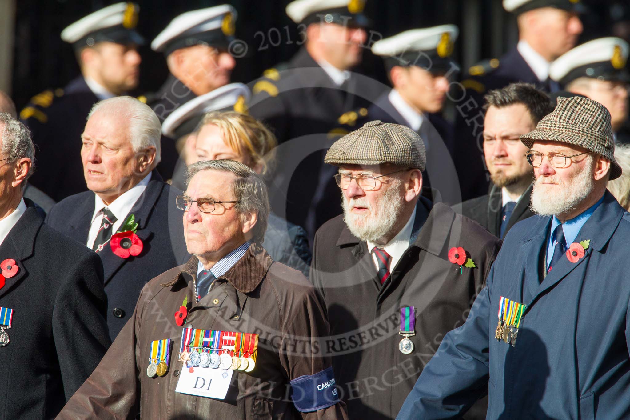 Remembrance Sunday at the Cenotaph in London 2014: Group D1 - Canadian Veterans Association.
Press stand opposite the Foreign Office building, Whitehall, London SW1,
London,
Greater London,
United Kingdom,
on 09 November 2014 at 11:43, image #275