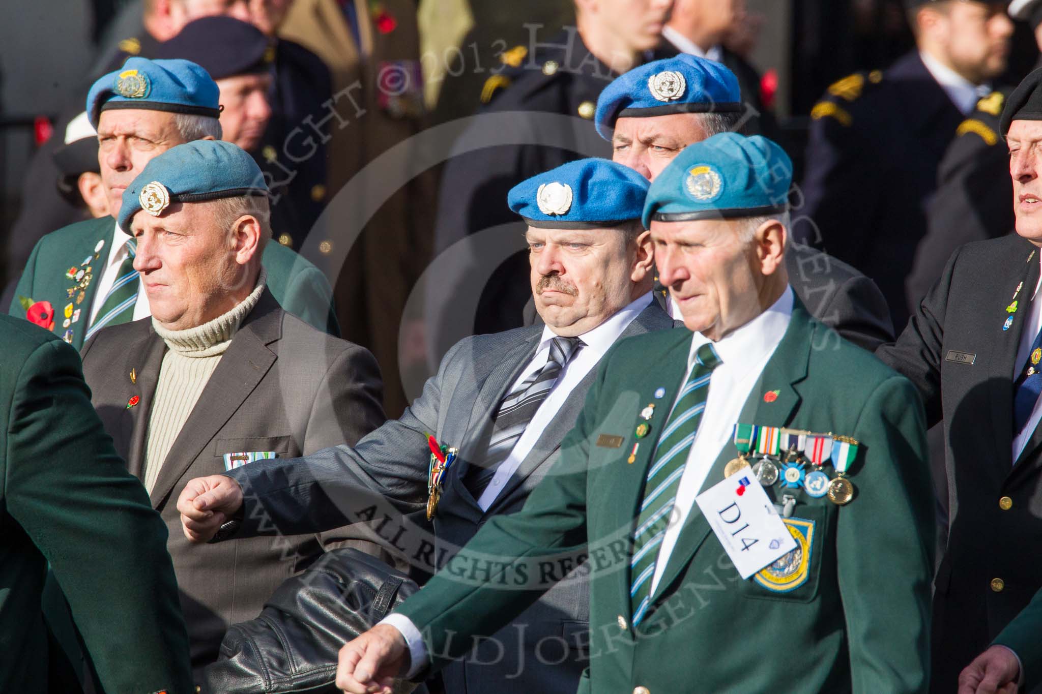 Remembrance Sunday at the Cenotaph in London 2014: Group D14 - Irish United Nations Veterans Association.
Press stand opposite the Foreign Office building, Whitehall, London SW1,
London,
Greater London,
United Kingdom,
on 09 November 2014 at 11:45, image #374